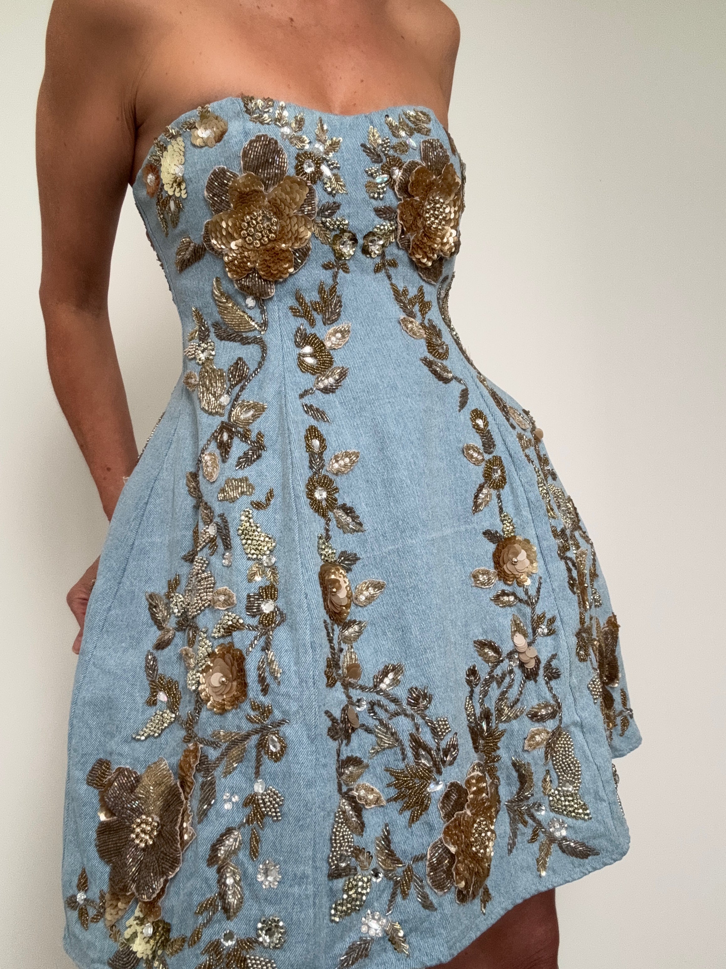3D Floral Gold Denim Mini Dress | Dresses