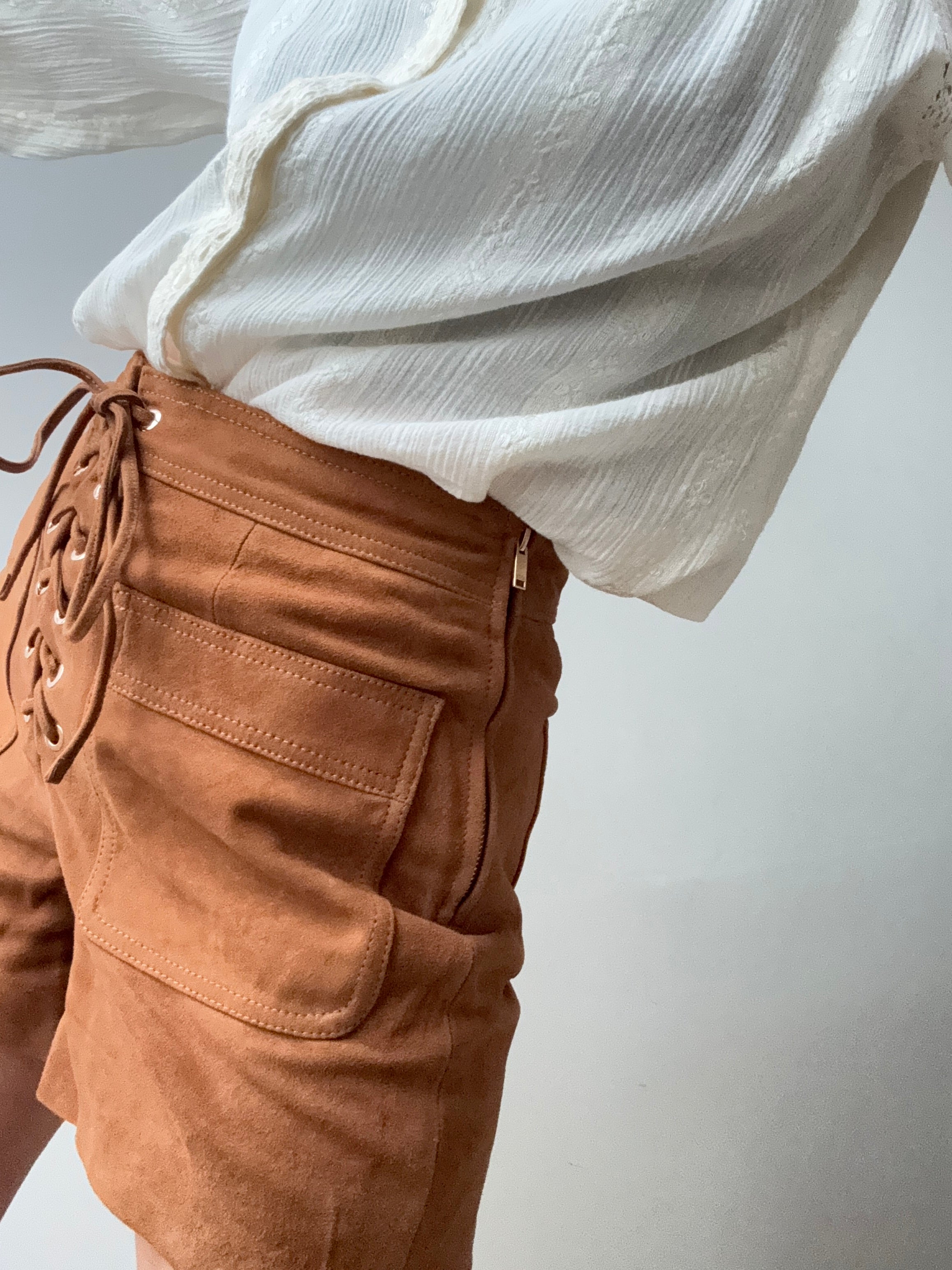 Claudie Pierlot Shorts Lace Suede Leather Shorts Tan