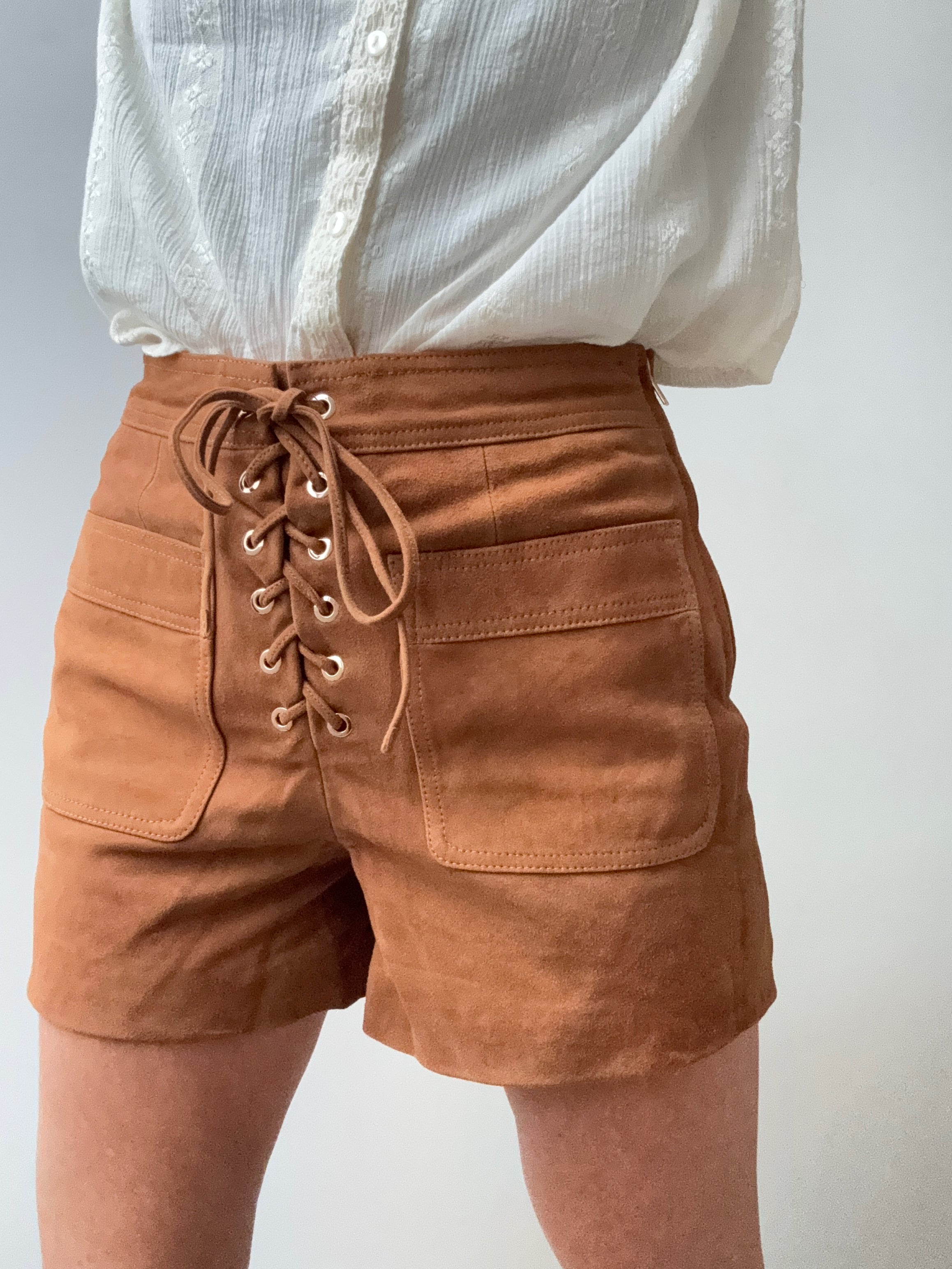 Claudie Pierlot Shorts Lace Suede Leather Shorts Tan
