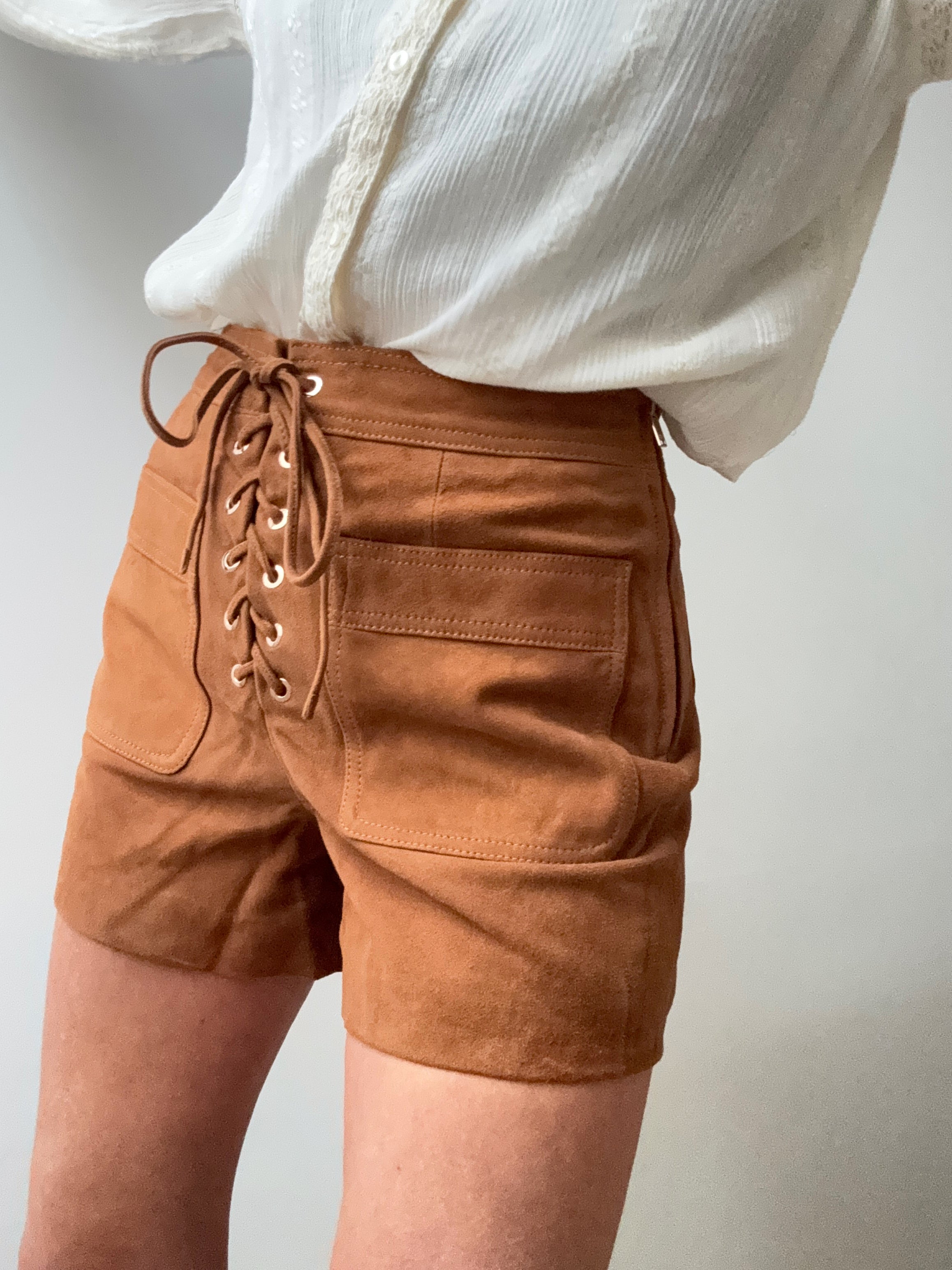 Claudie Pierlot Shorts Lace Suede Leather Shorts Tan