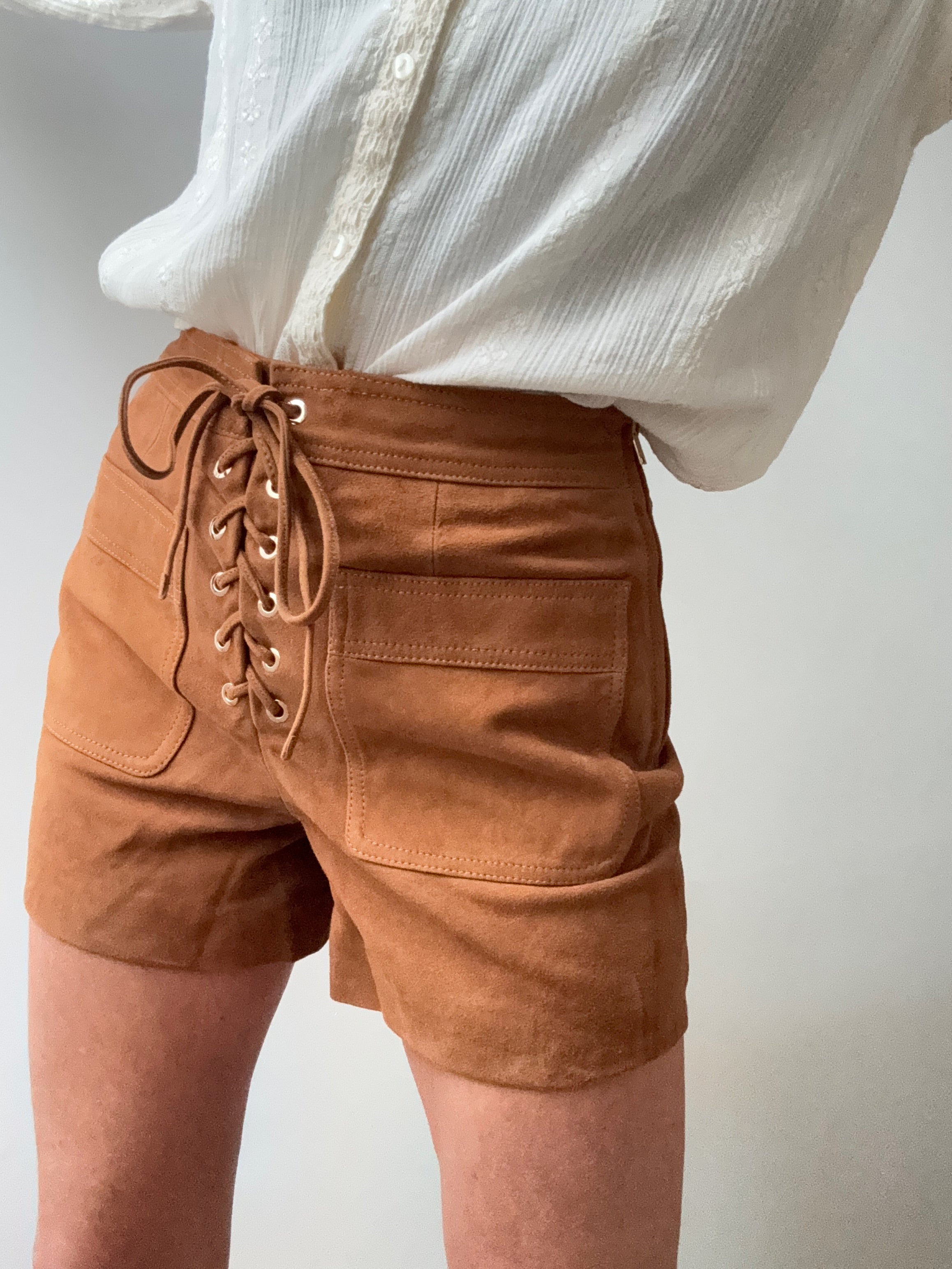 Claudie Pierlot Shorts Lace Suede Leather Shorts Tan