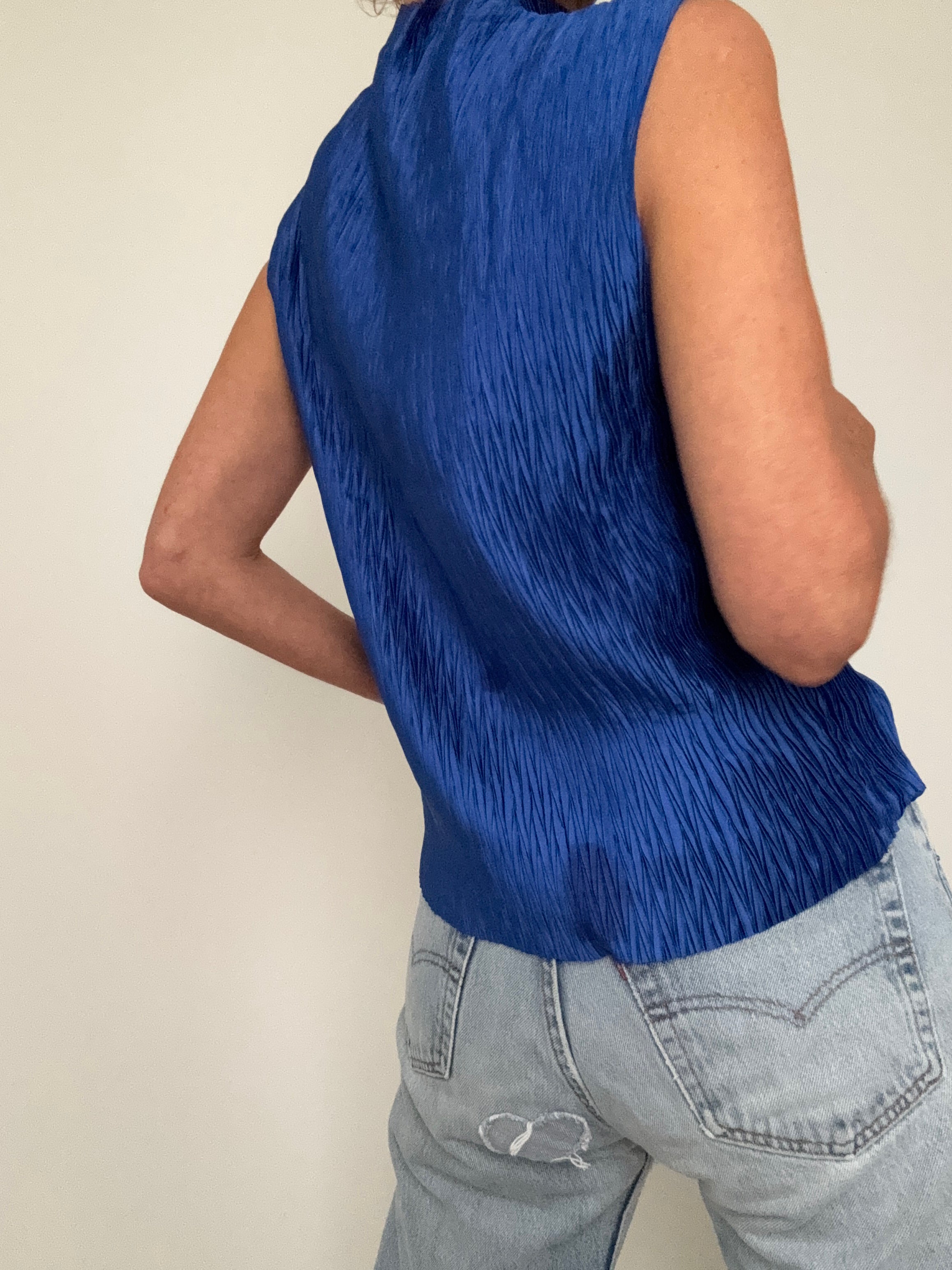 DKNY Tops High Neck Crinkle Top Cerulean
