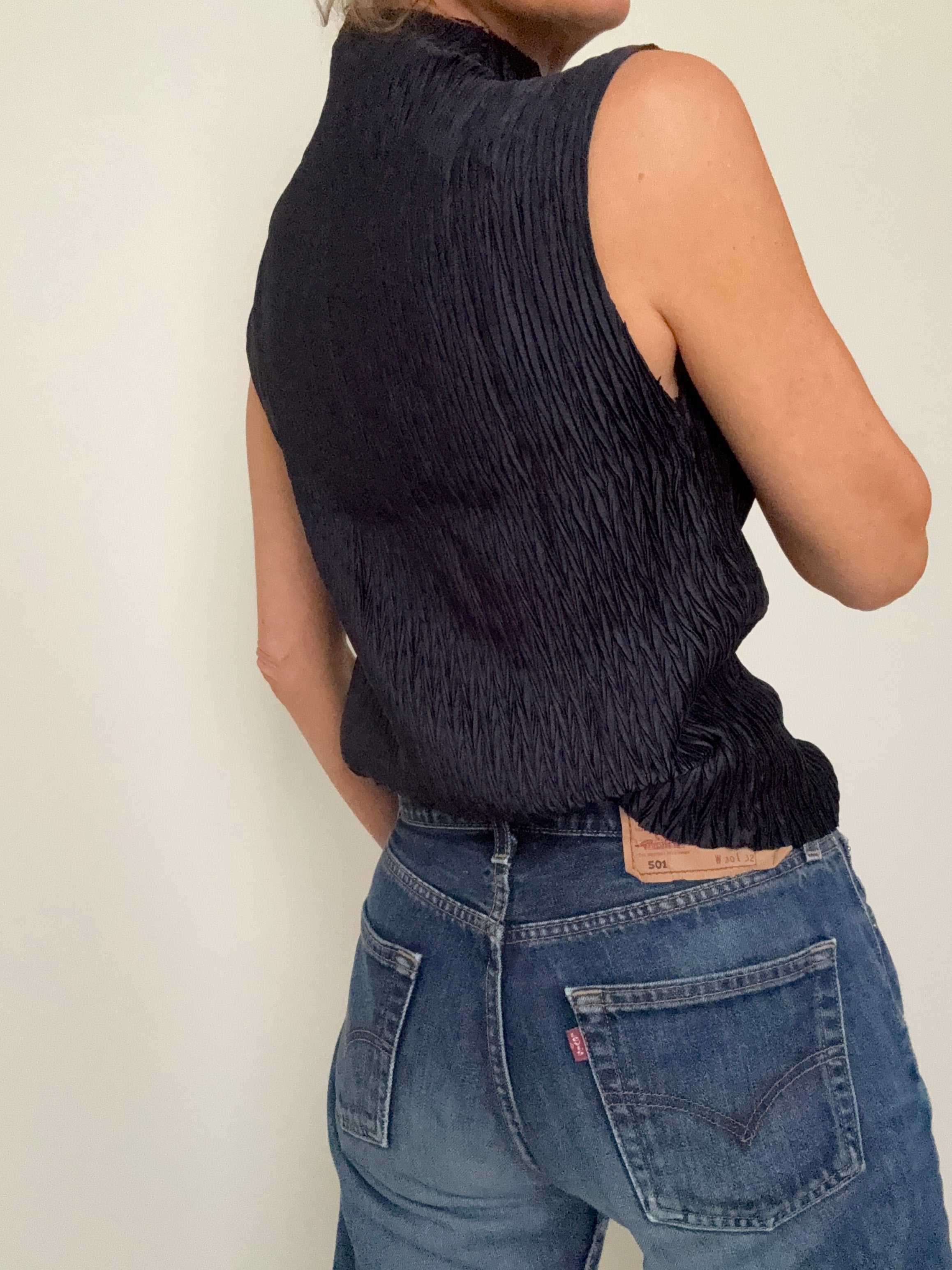 DKNY Tops High Neck Crinkle Top Navy