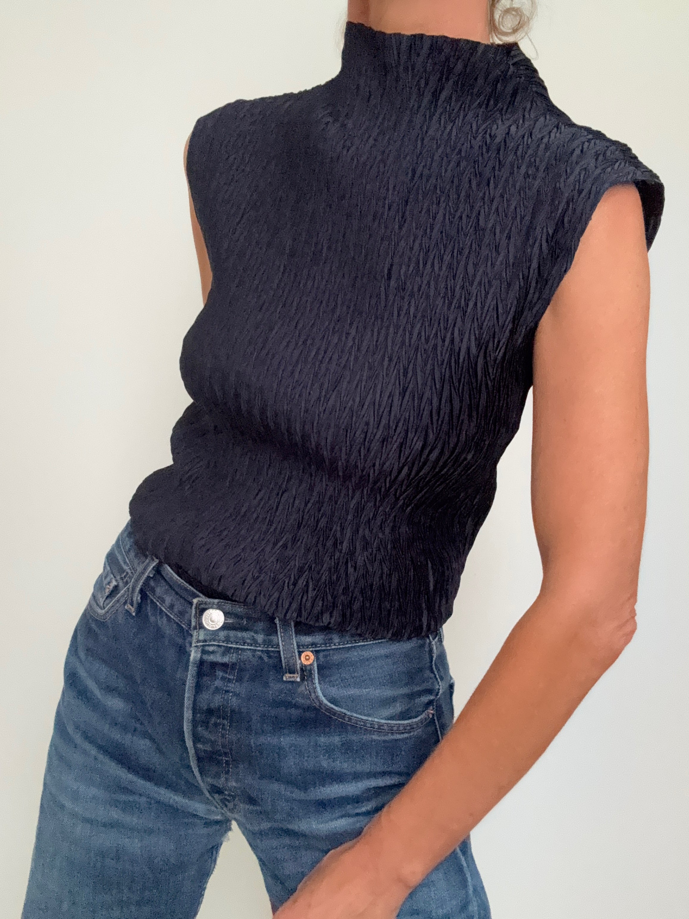 DKNY Tops High Neck Crinkle Top Navy