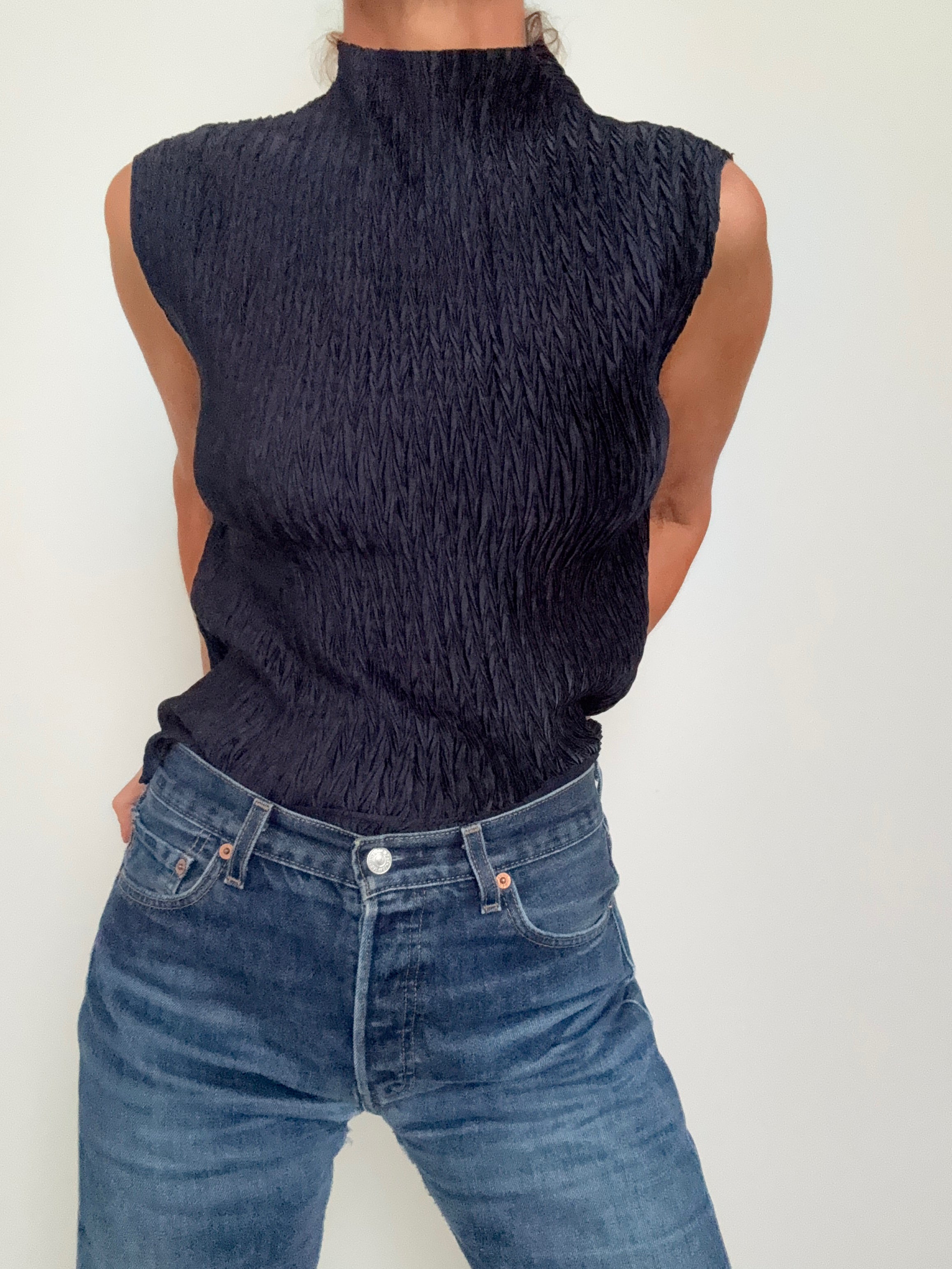 DKNY Tops High Neck Crinkle Top Navy