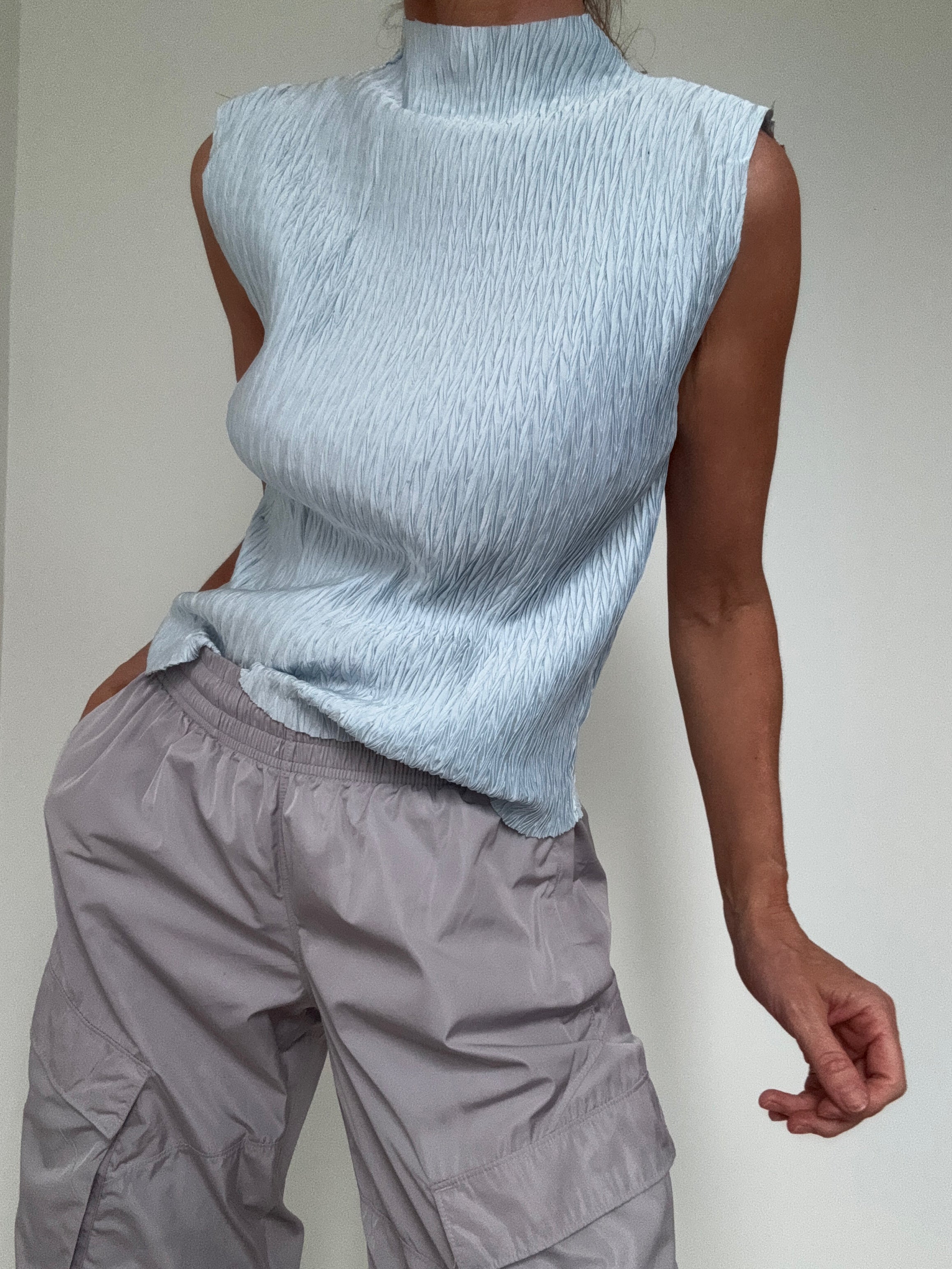 DKNY Tops High Neck Crinkle Top Sky