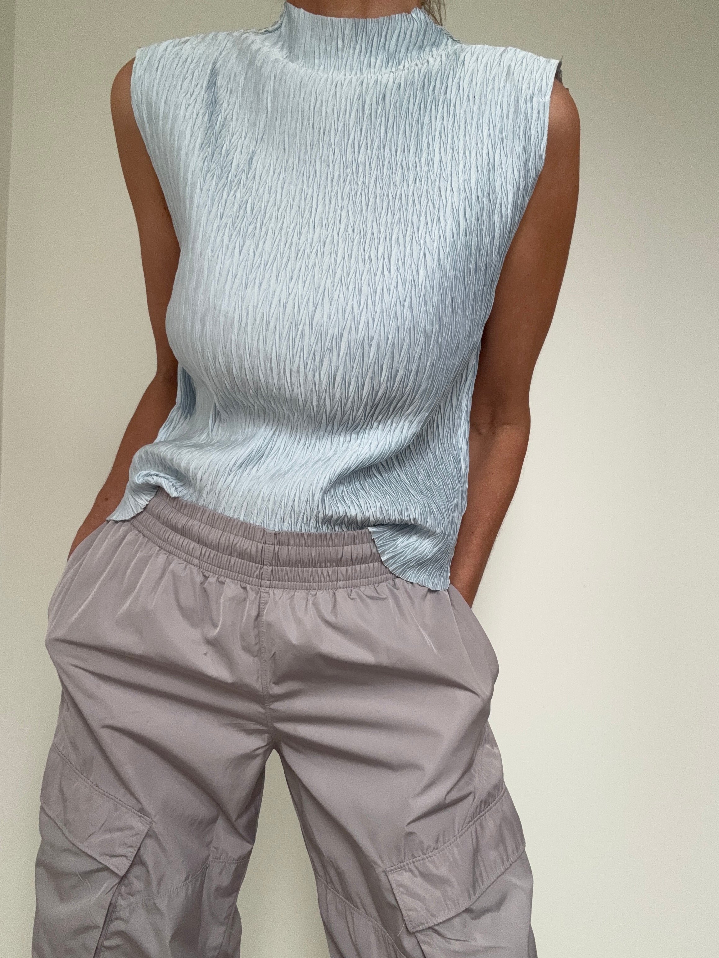 DKNY Tops High Neck Crinkle Top Sky