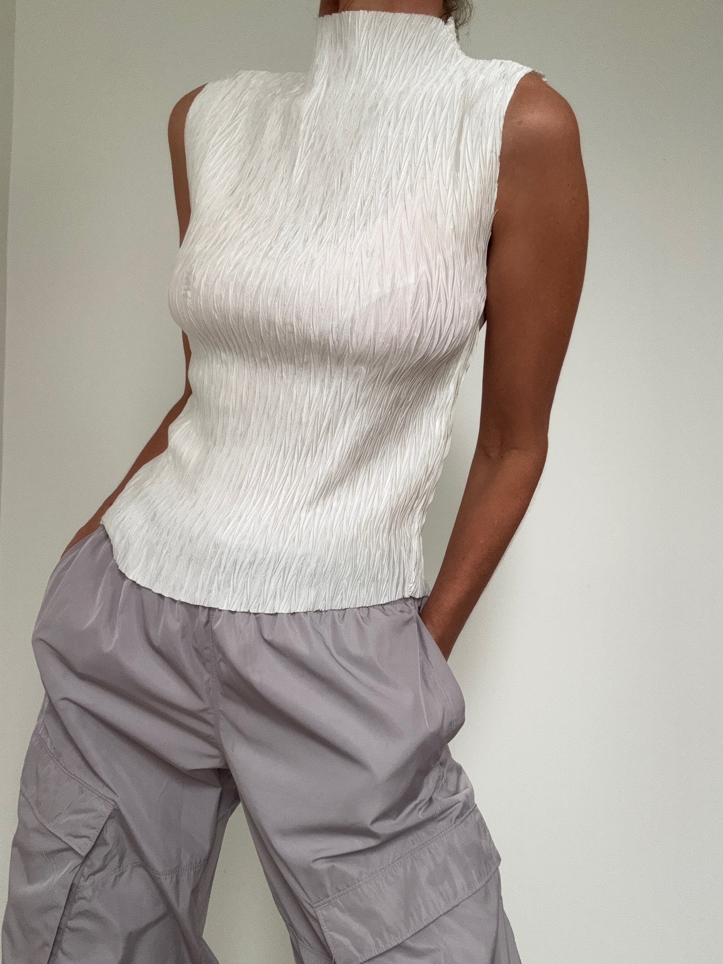DKNY Tops High Neck Crinkle Top Snow