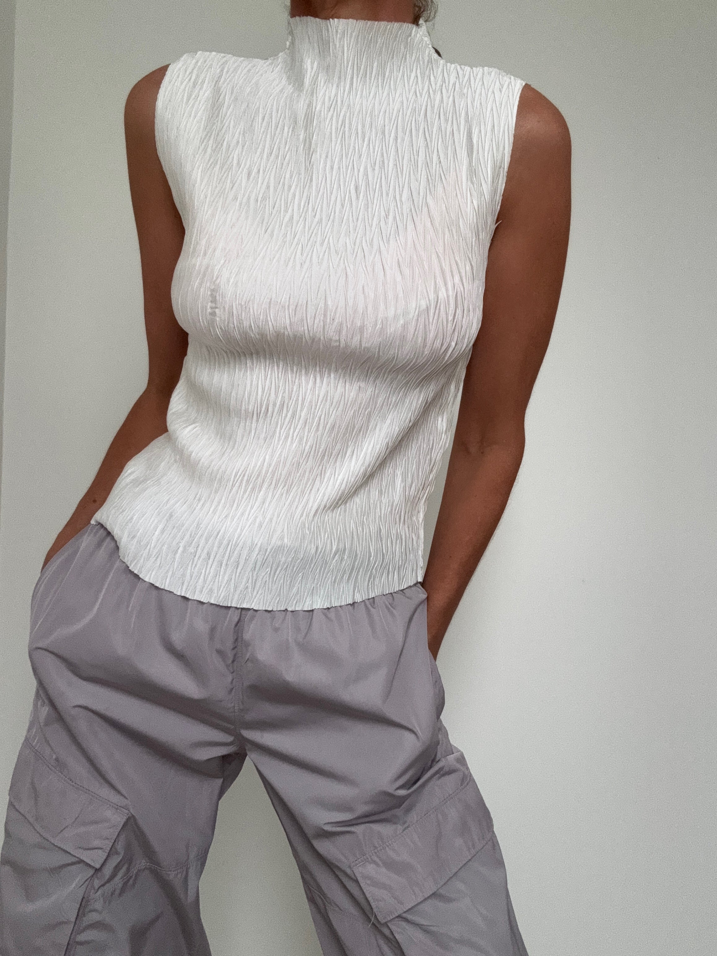 DKNY Tops High Neck Crinkle Top Snow