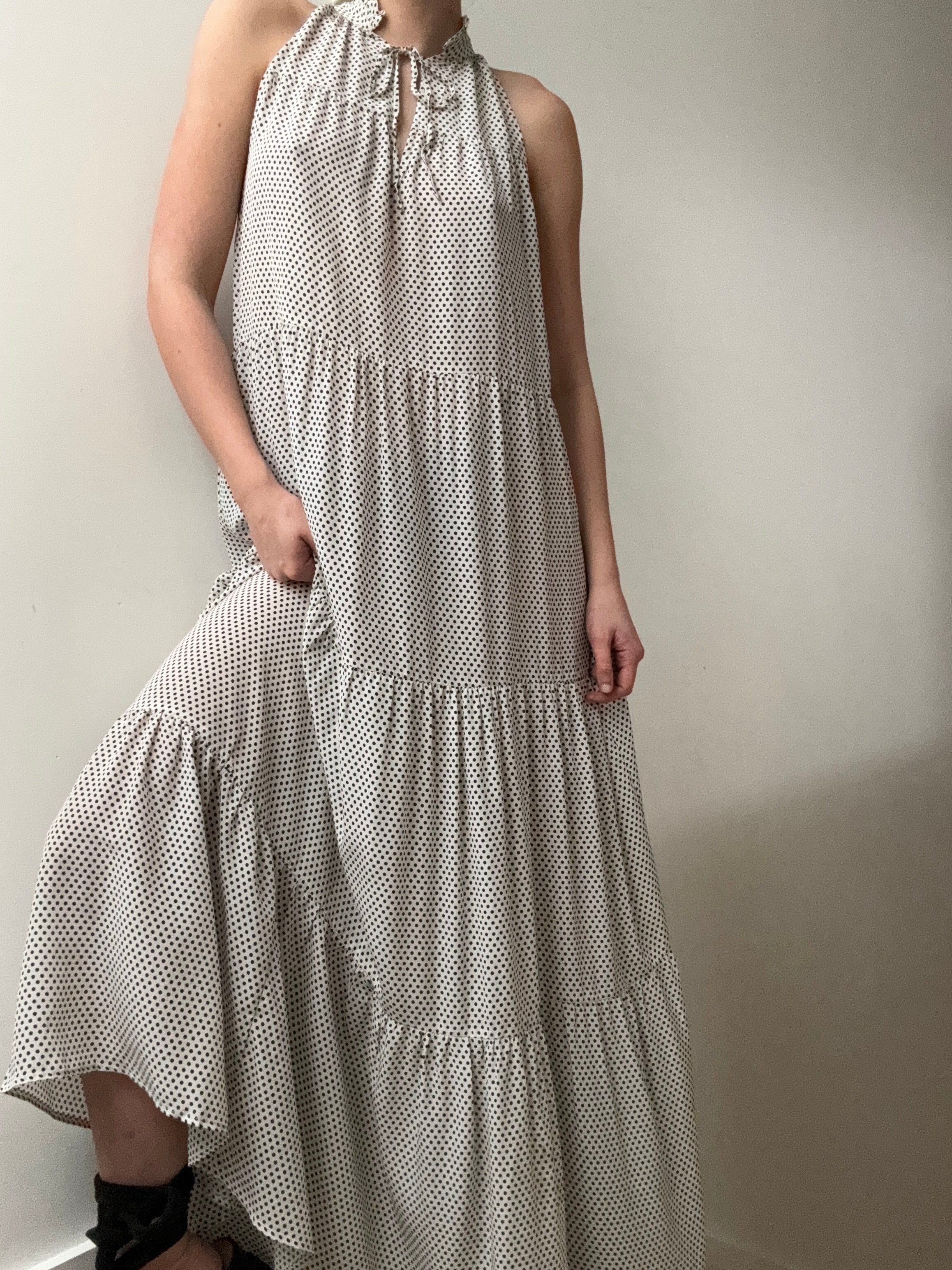 Evarae Dresses Medium Silk Frill Polka Dot Maxi Dress