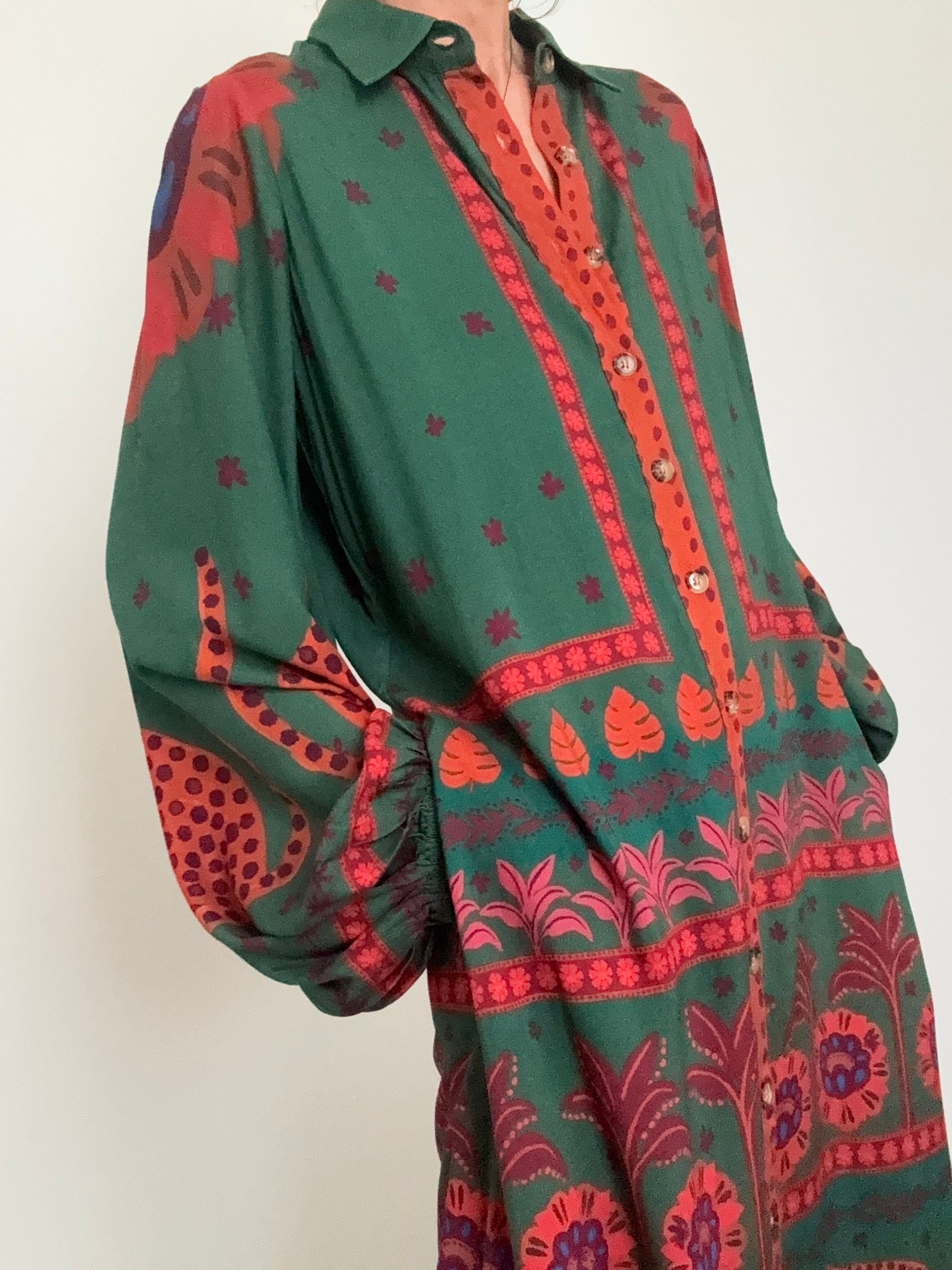 Farm Rio Dresses Farm Rio Long Sleeve Maxi Shirtdress Green