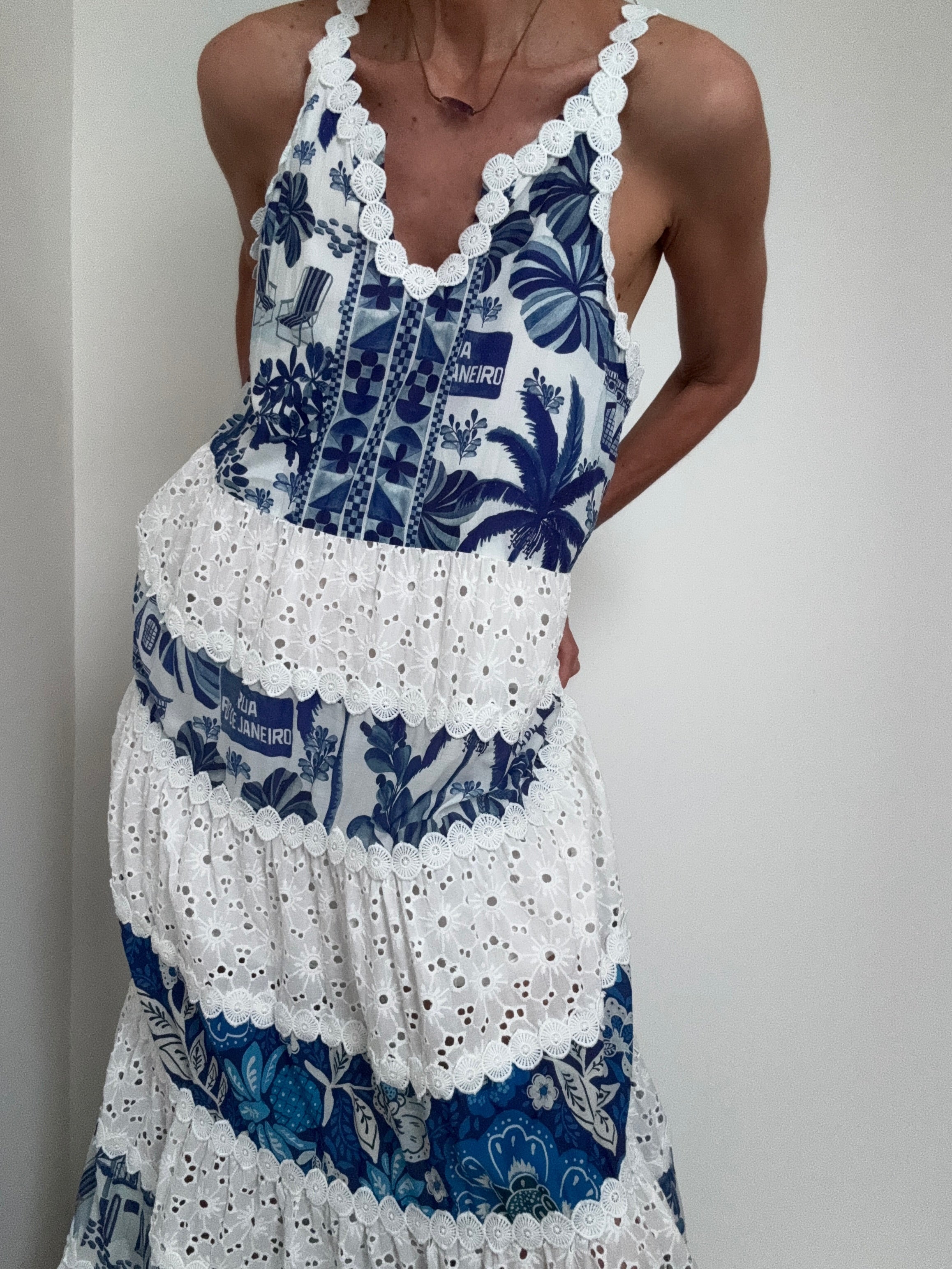 Mixed White And Blue Prints Maxi Dress | Dresses