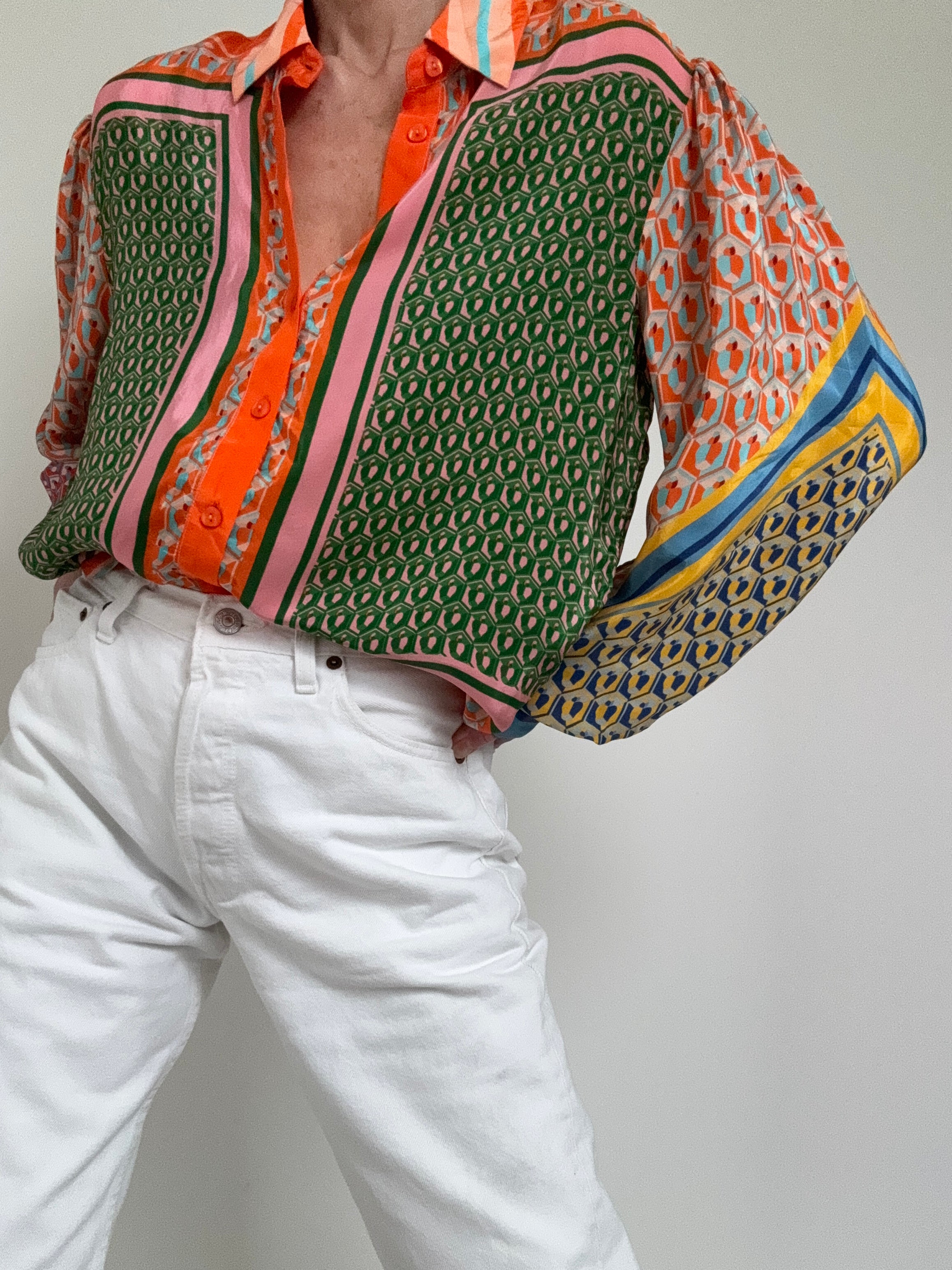 Farm Rio Shirts Mixed Cashew Long Sleeve Shirt Tangerine