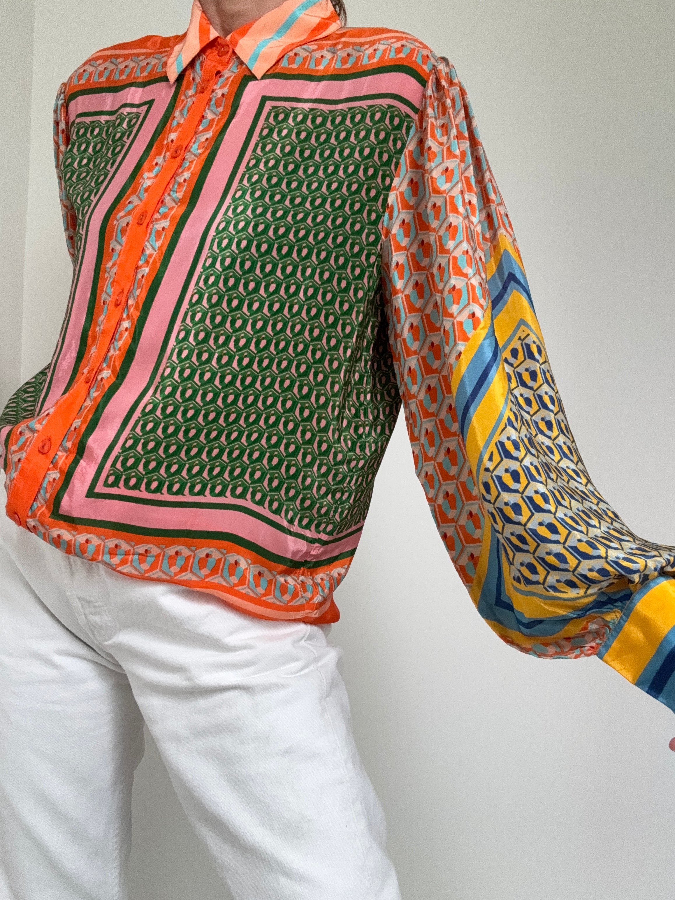 Farm Rio Shirts Mixed Cashew Long Sleeve Shirt Tangerine