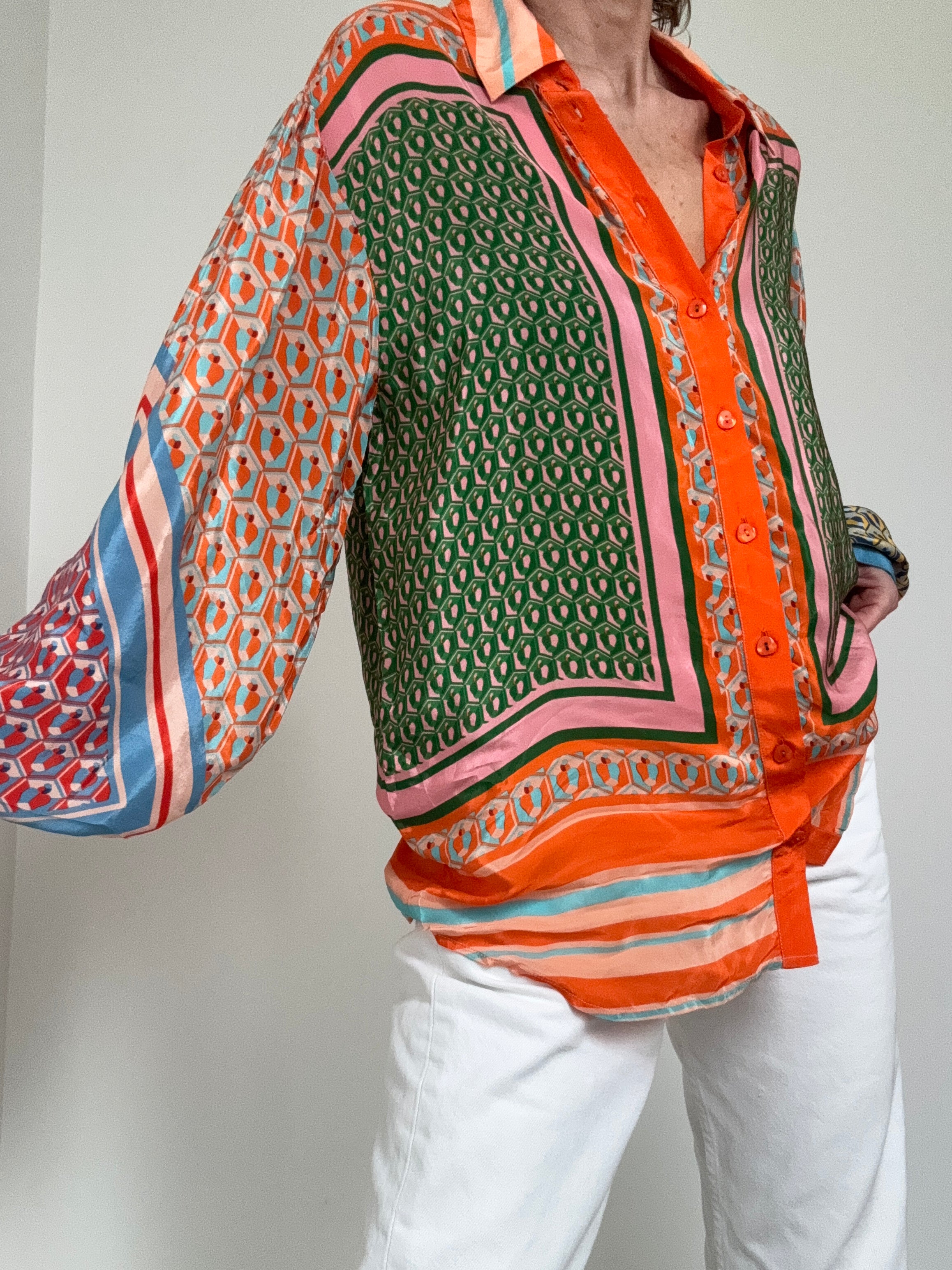 Farm Rio Shirts Mixed Cashew Long Sleeve Shirt Tangerine
