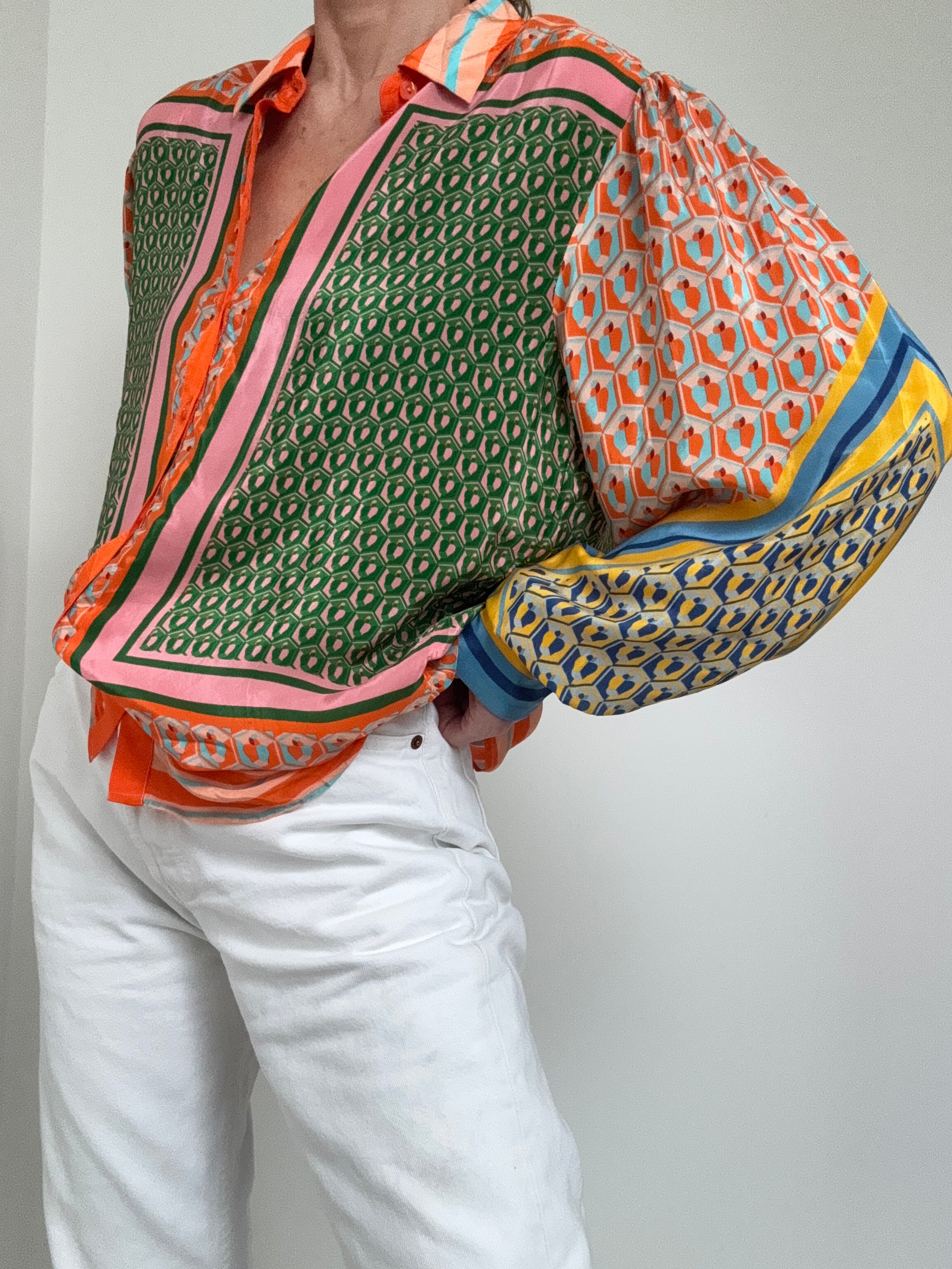 Farm Rio Shirts Mixed Cashew Long Sleeve Shirt Tangerine