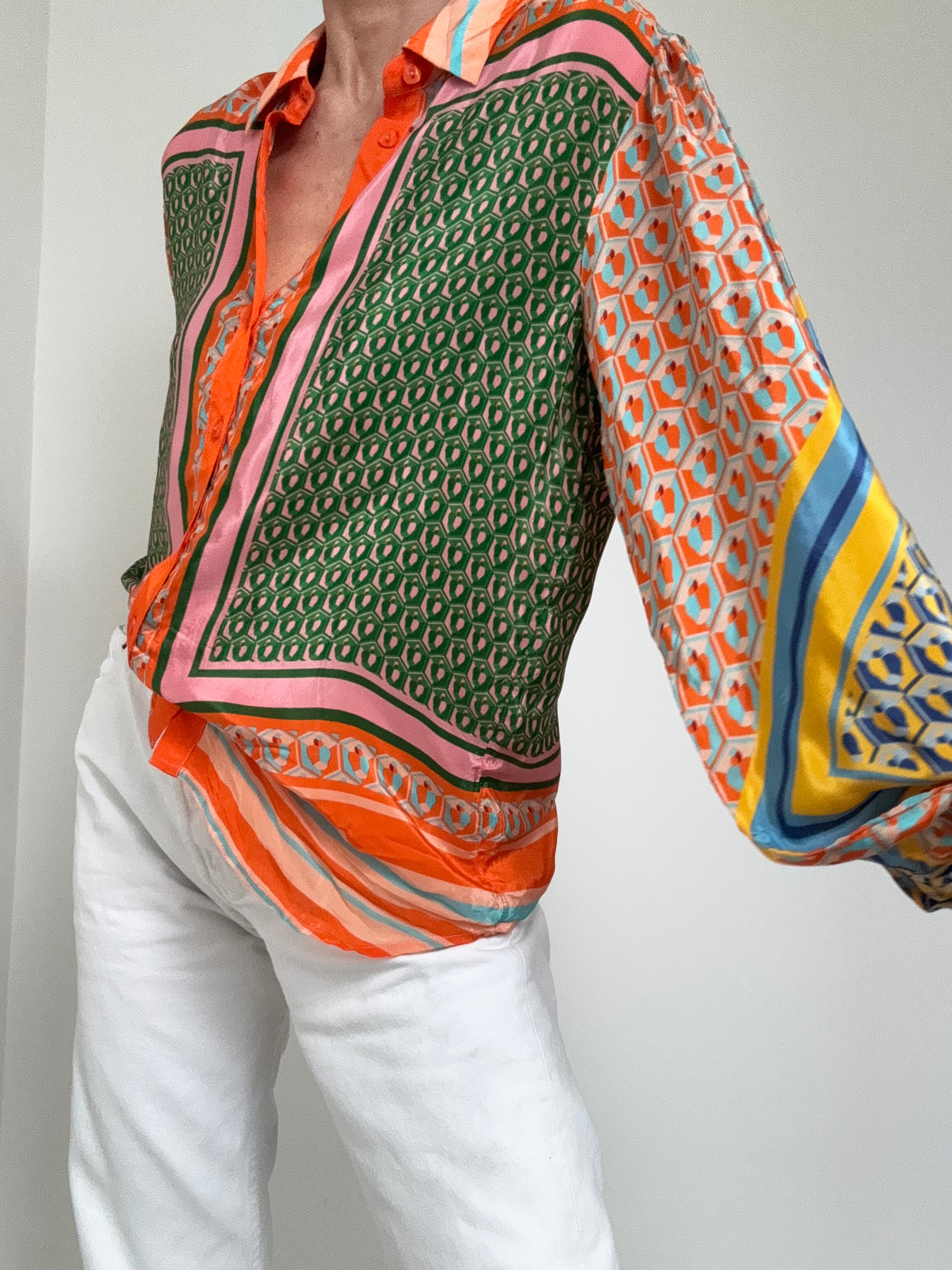 Farm Rio Shirts Mixed Cashew Long Sleeve Shirt Tangerine