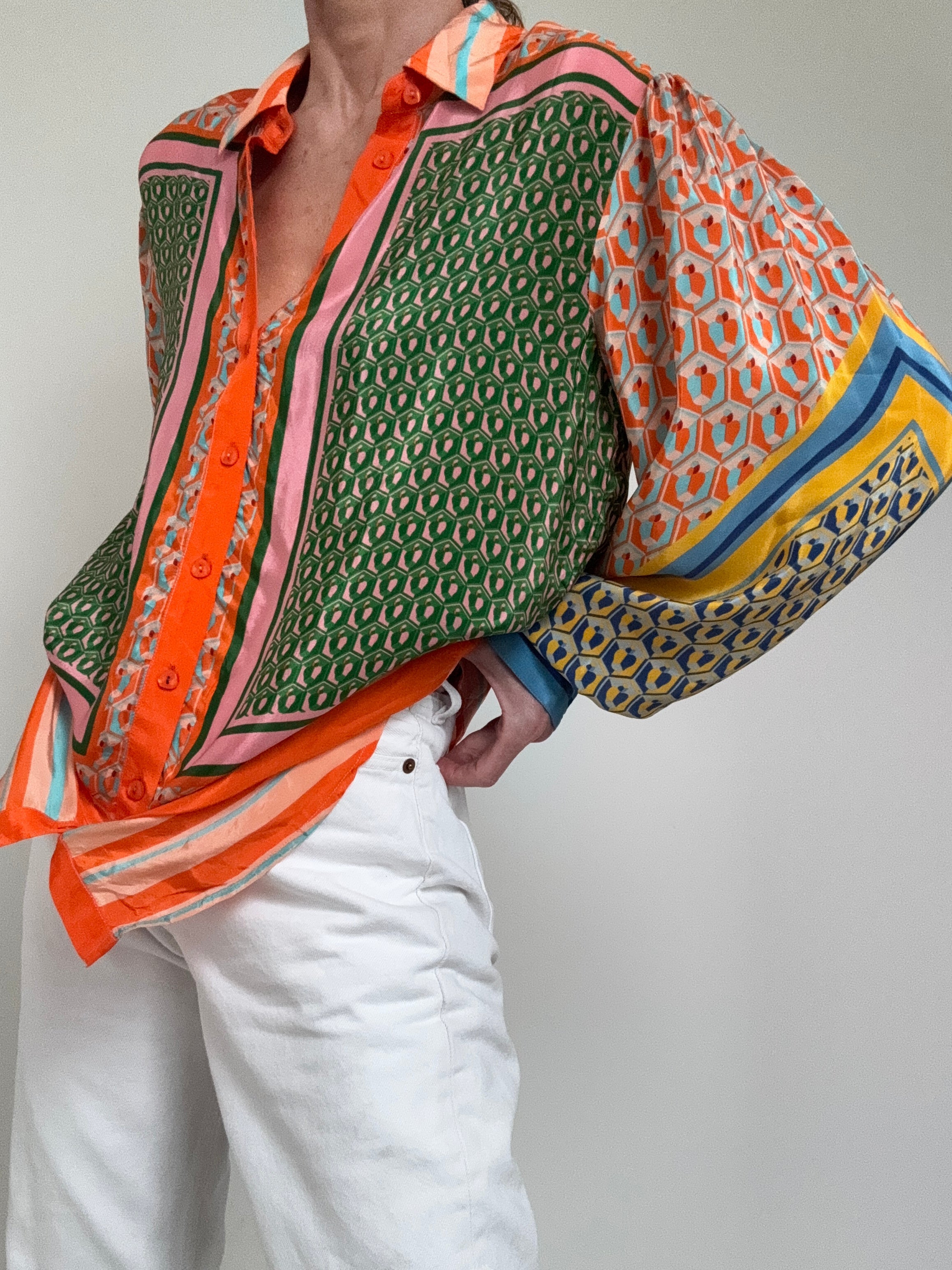 Farm Rio Shirts Mixed Cashew Long Sleeve Shirt Tangerine