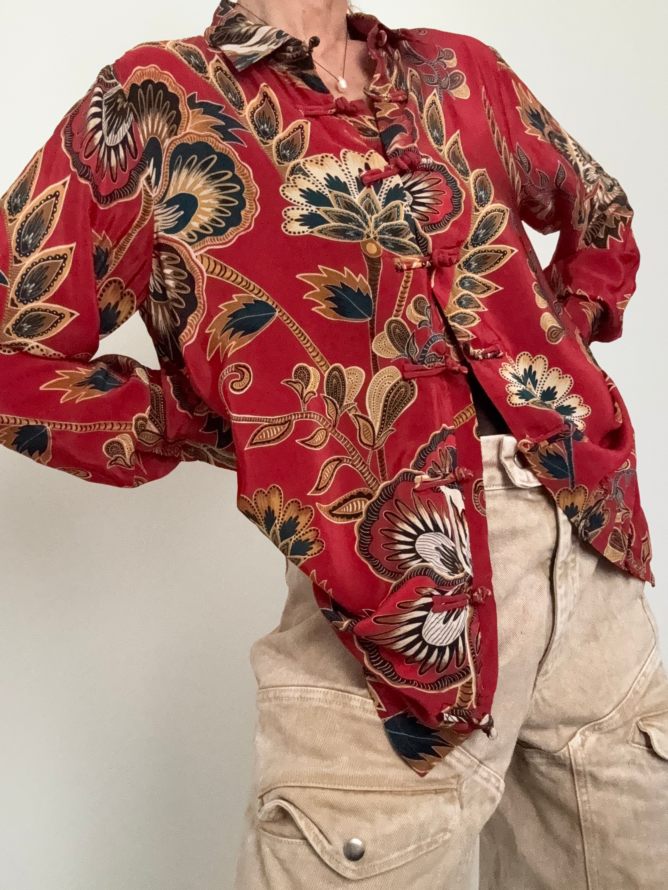 Farm Rio Shirts Red Maxi Floral Pajama Shirt