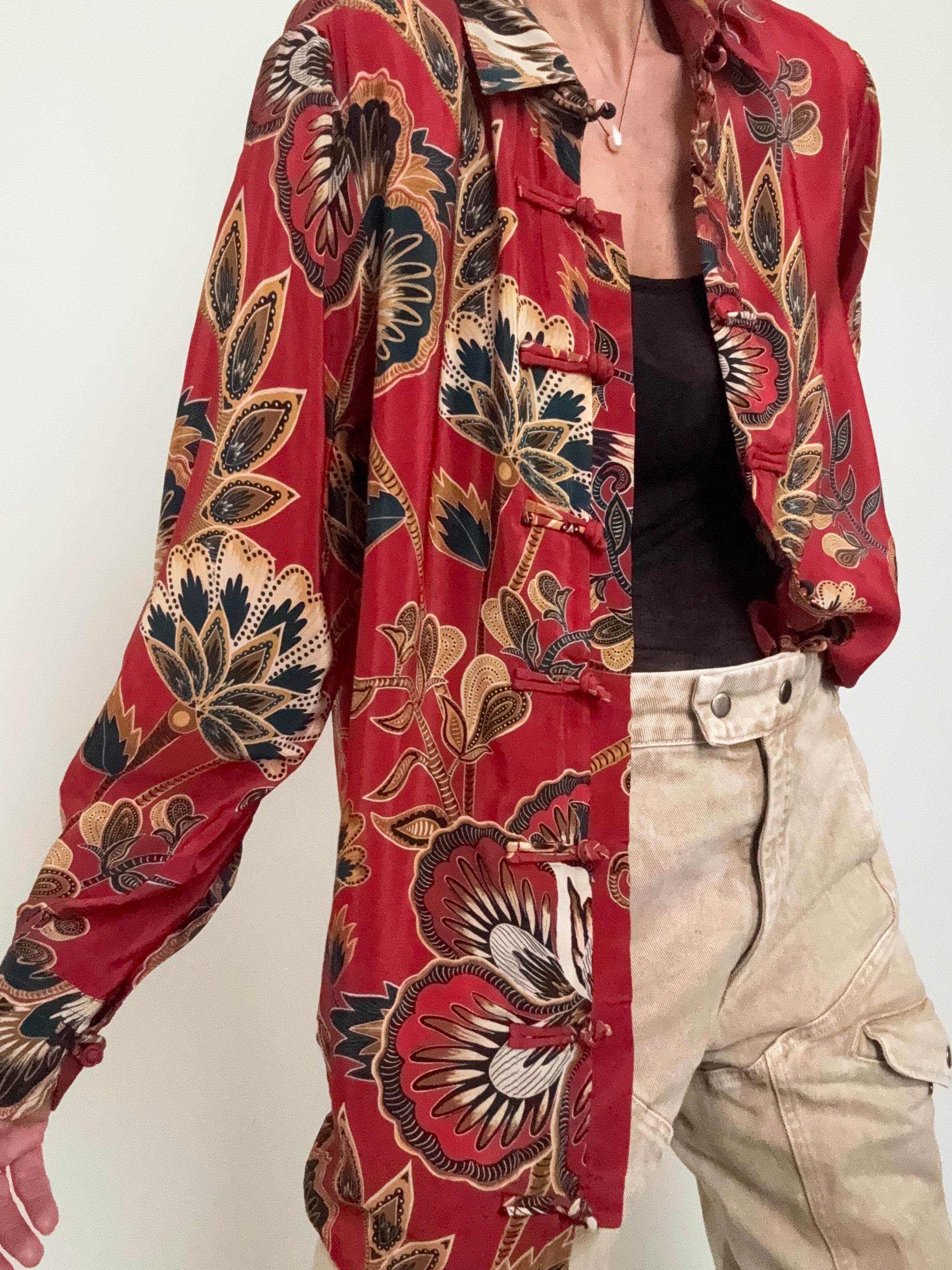 Farm Rio Shirts Red Maxi Floral Pajama Shirt