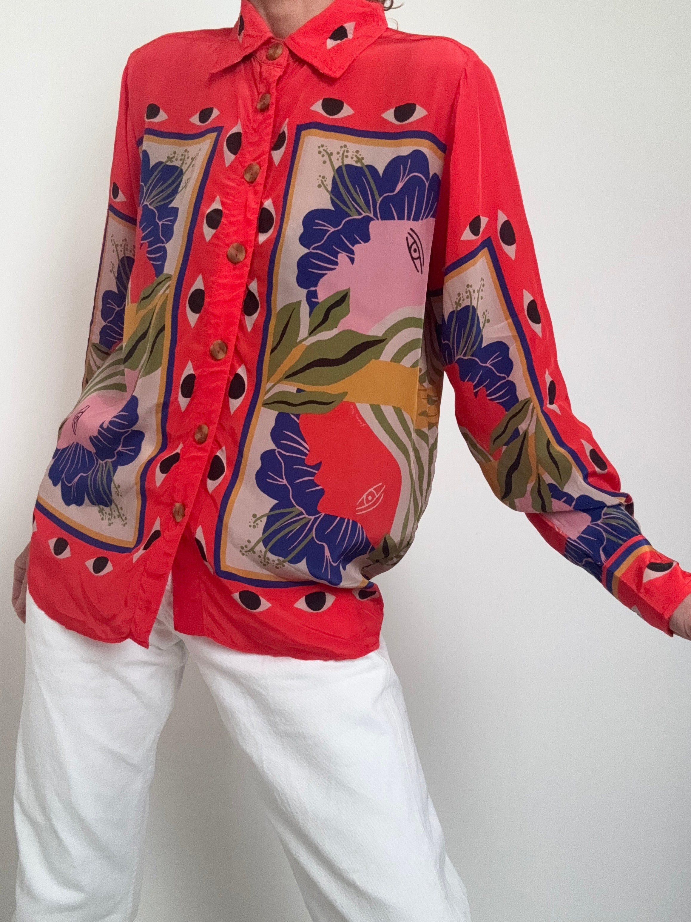 Farm Rio Shirts Sand Surreal Scarf Pajama Shirt Coral