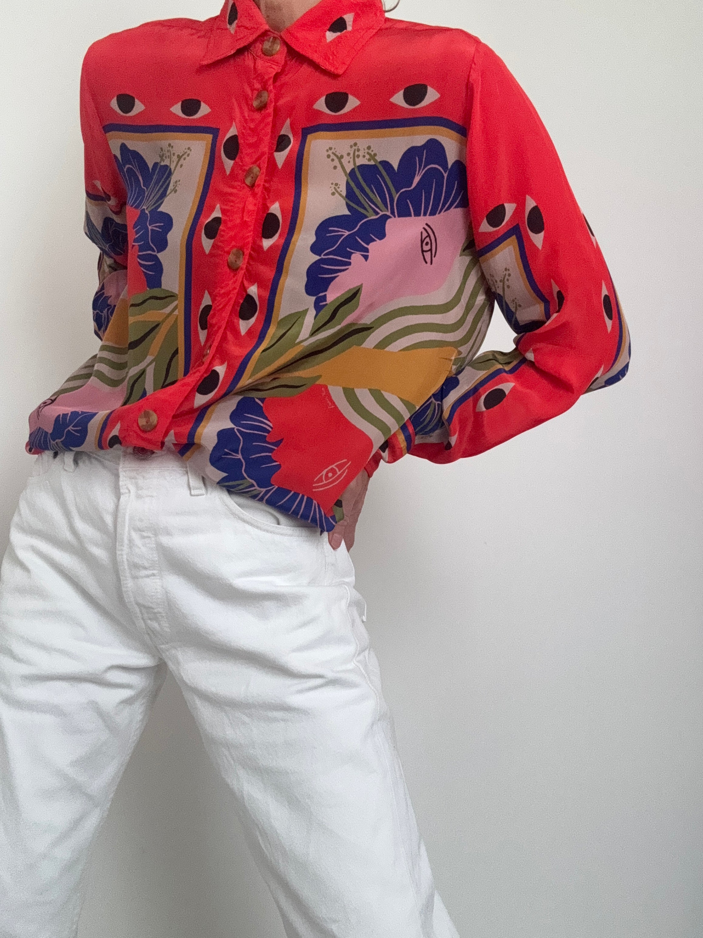 Farm Rio Shirts Sand Surreal Scarf Pajama Shirt Coral