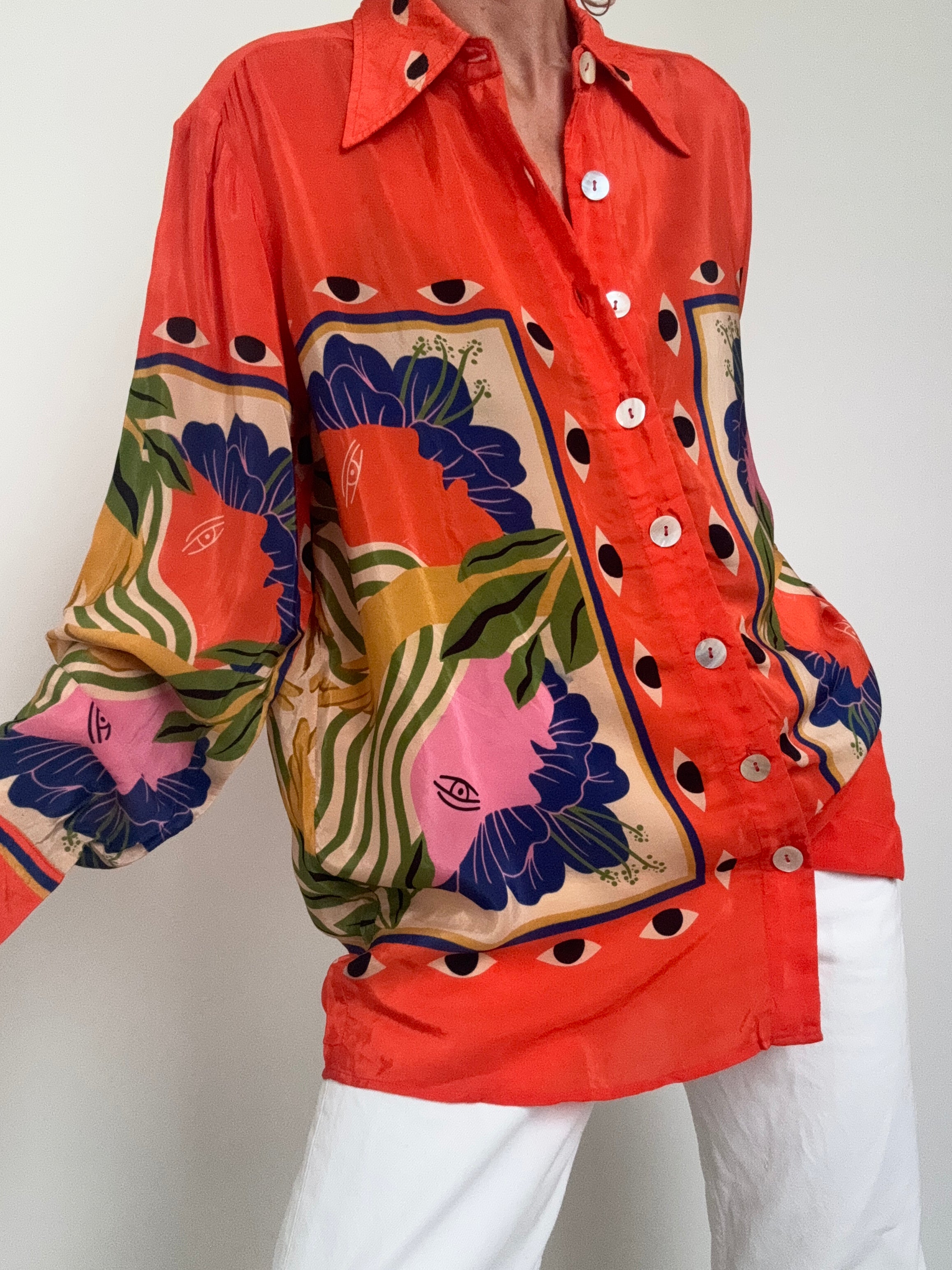 Farm Rio Shirts Sand Surreal Scarf Pajama Shirt Tangerine