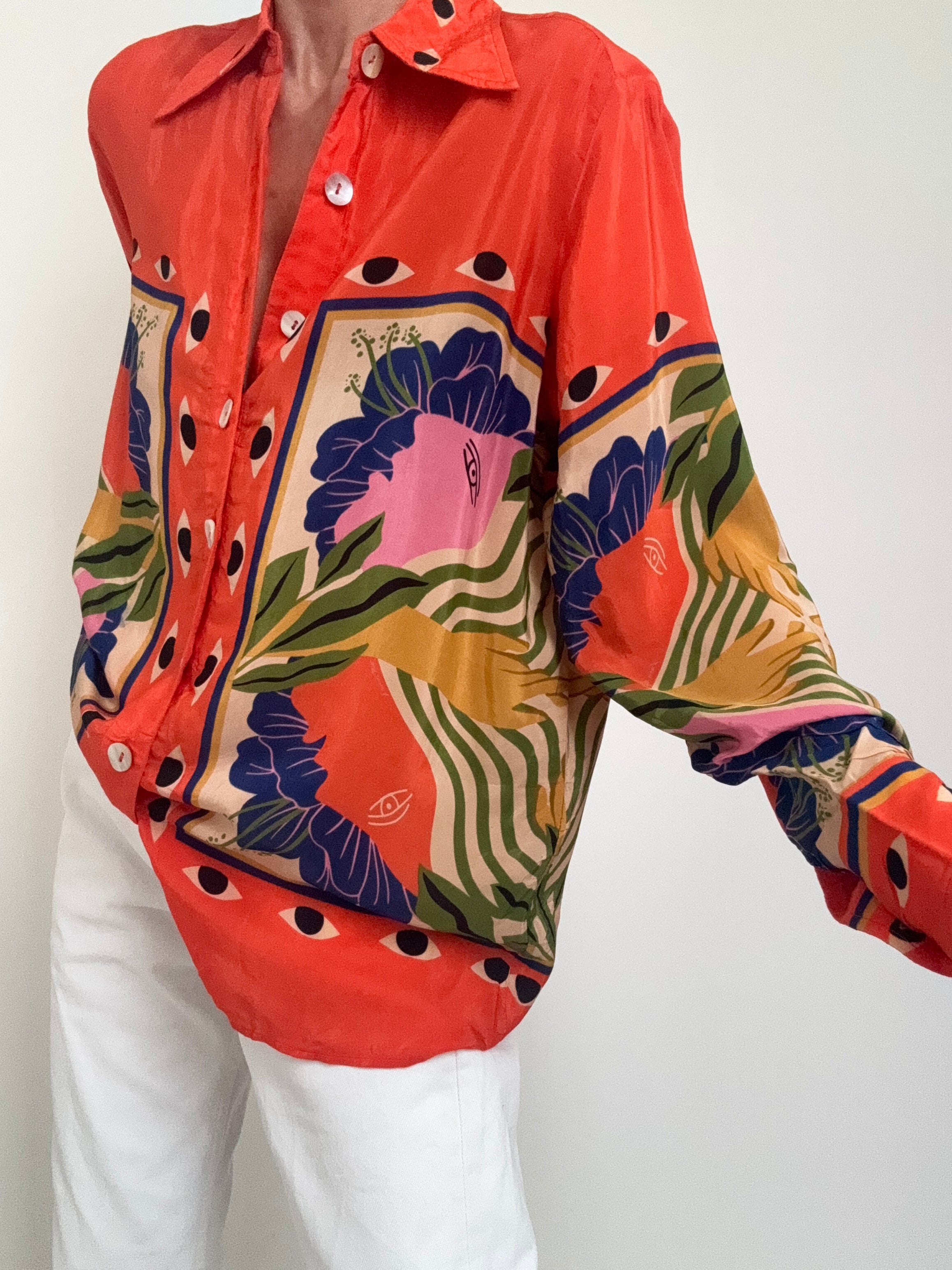 Farm Rio Shirts Sand Surreal Scarf Pajama Shirt Tangerine