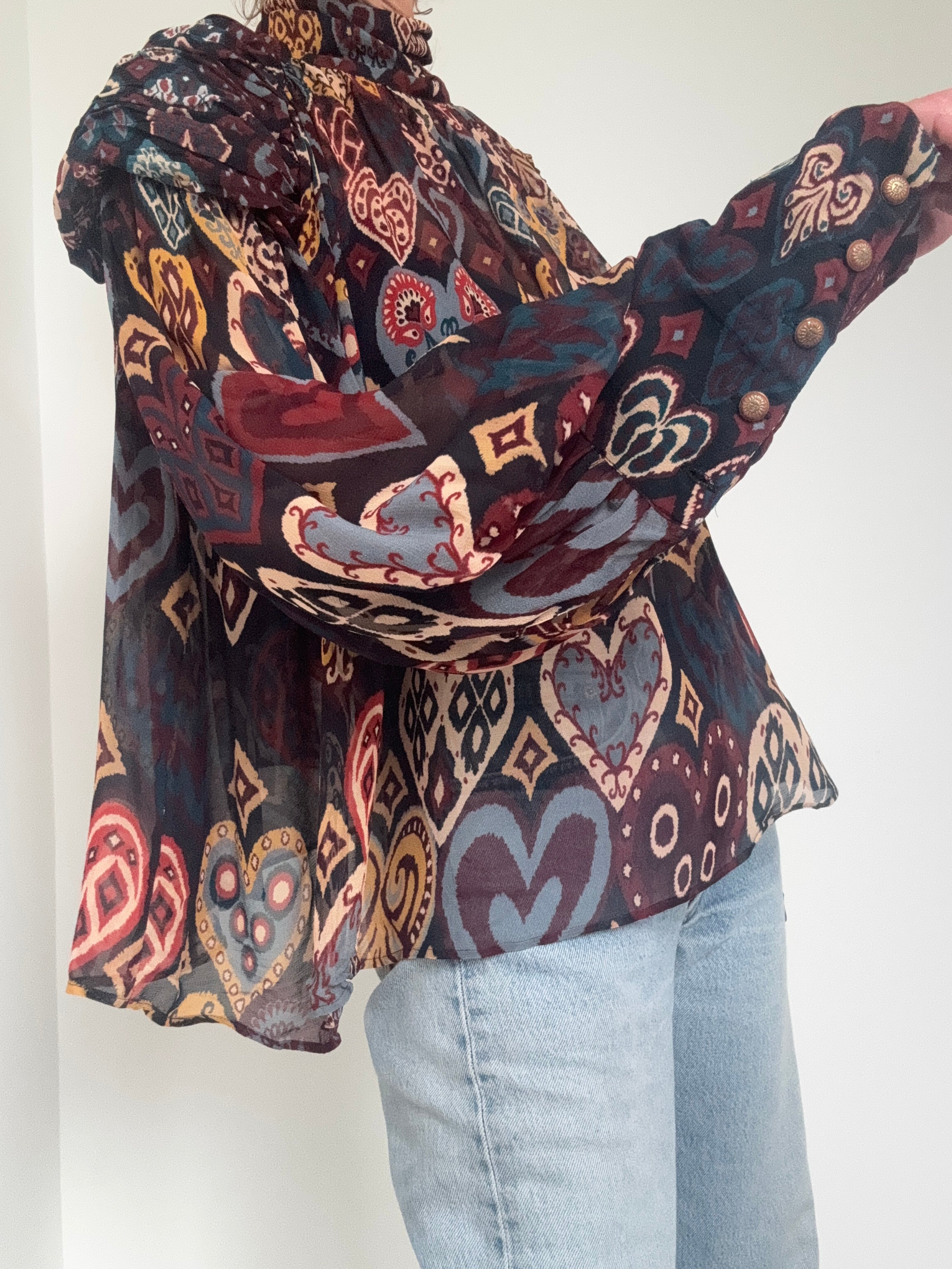 Farm Rio Black Hearts Ikat Blouse | Tops