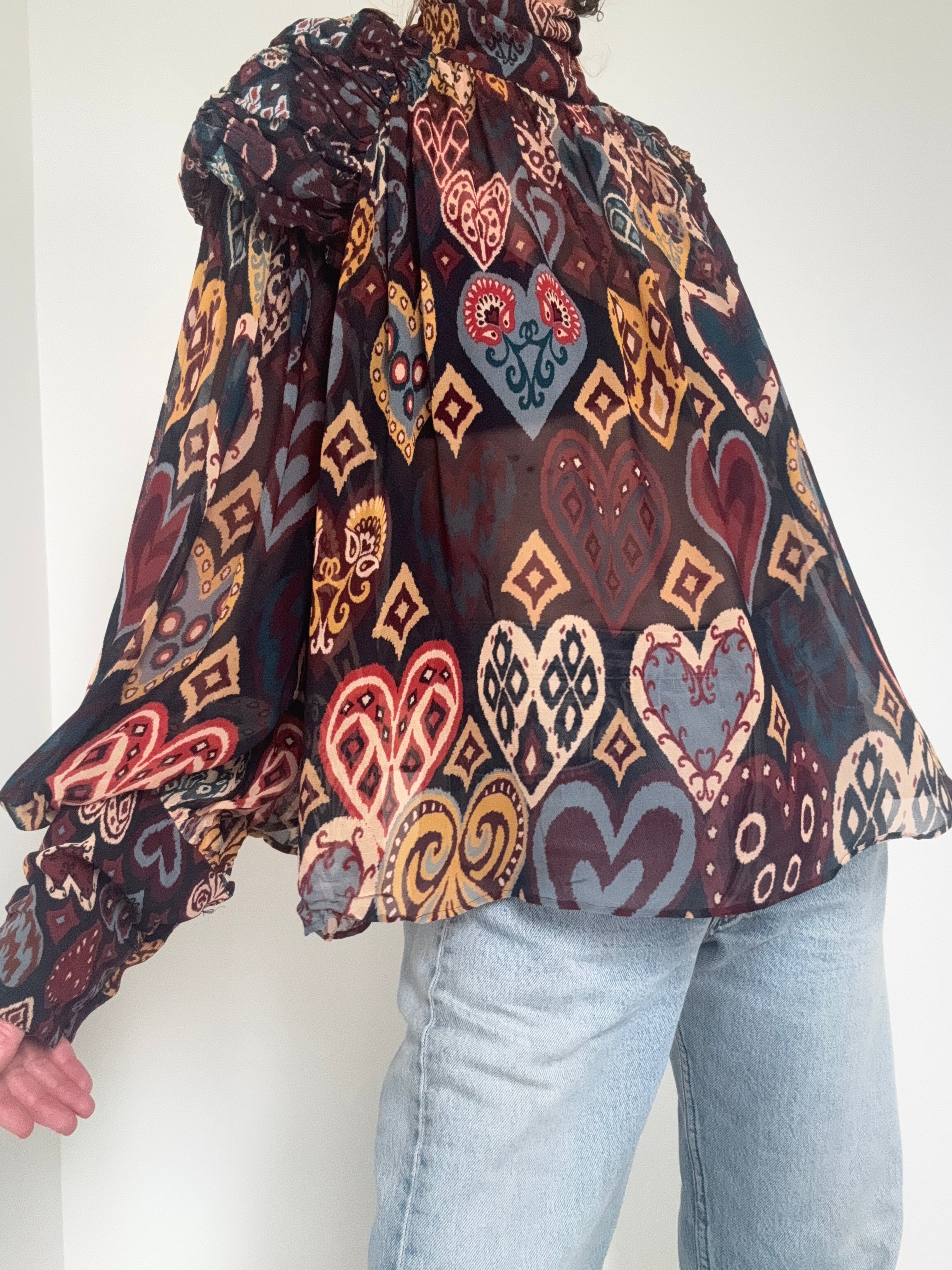 Farm Rio Black Hearts Ikat Blouse | Tops