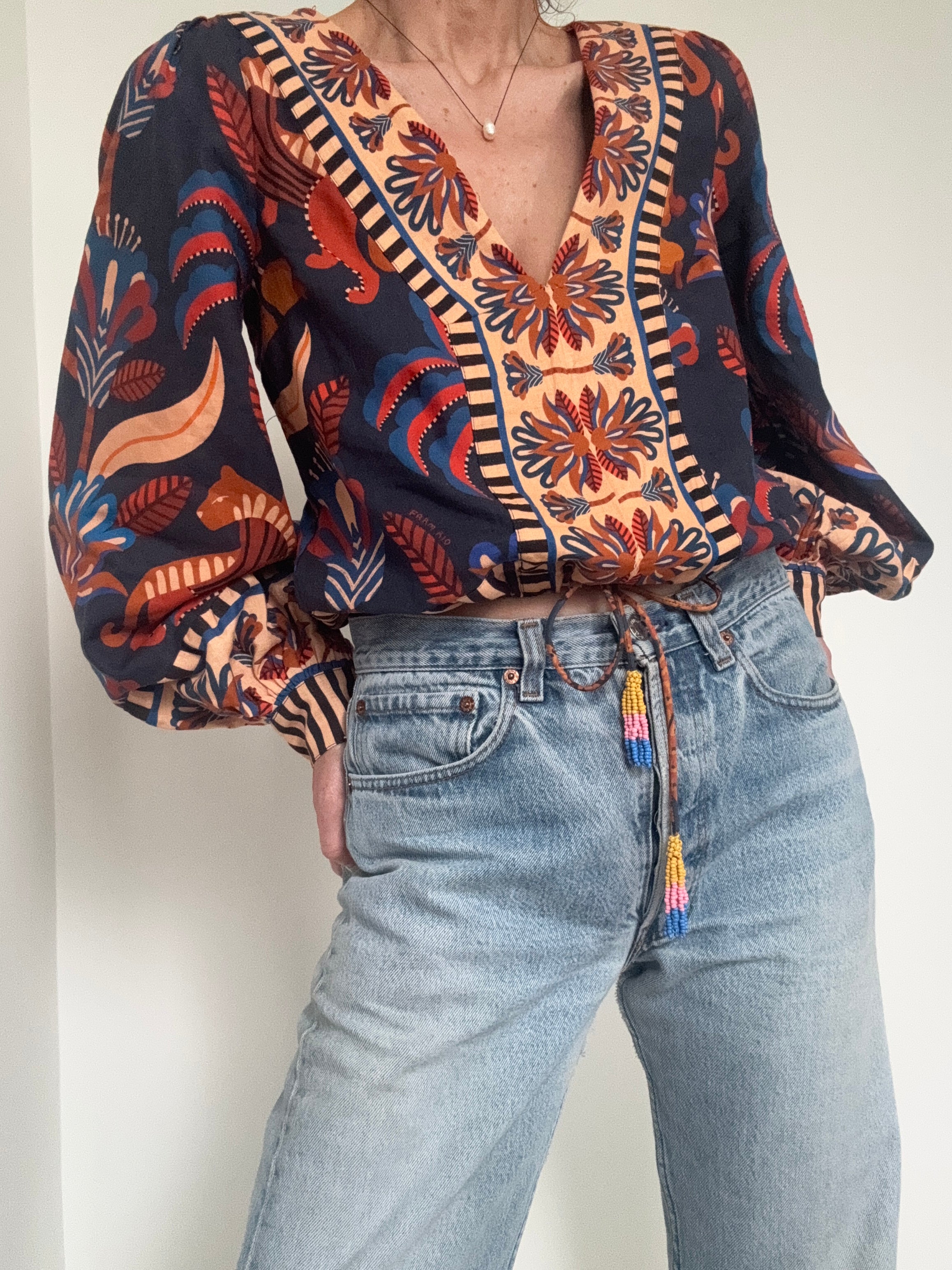 Farm Rio Puff Sleeve V Neck Blouse | Tops