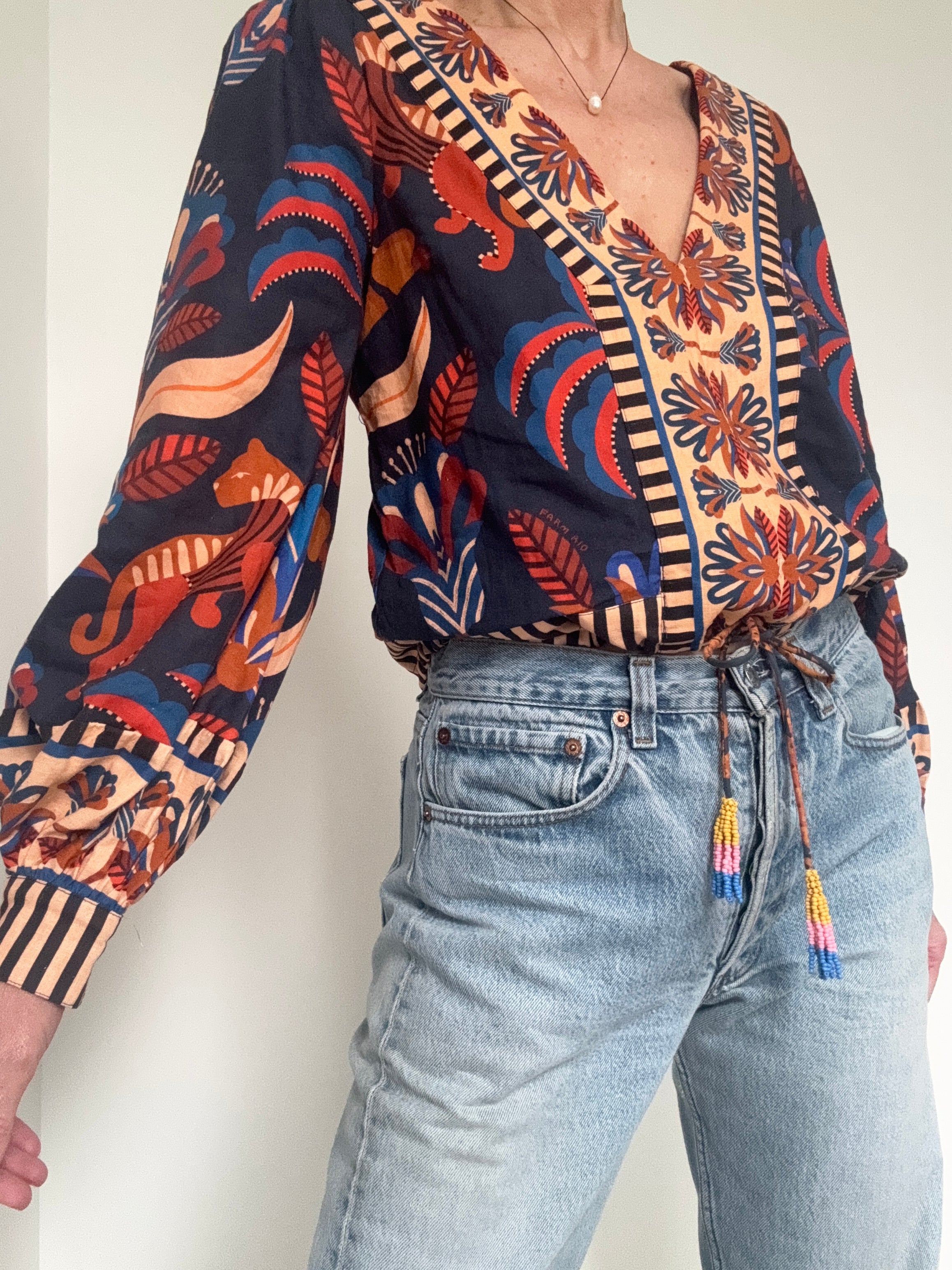 Farm Rio Puff Sleeve V Neck Blouse | Tops