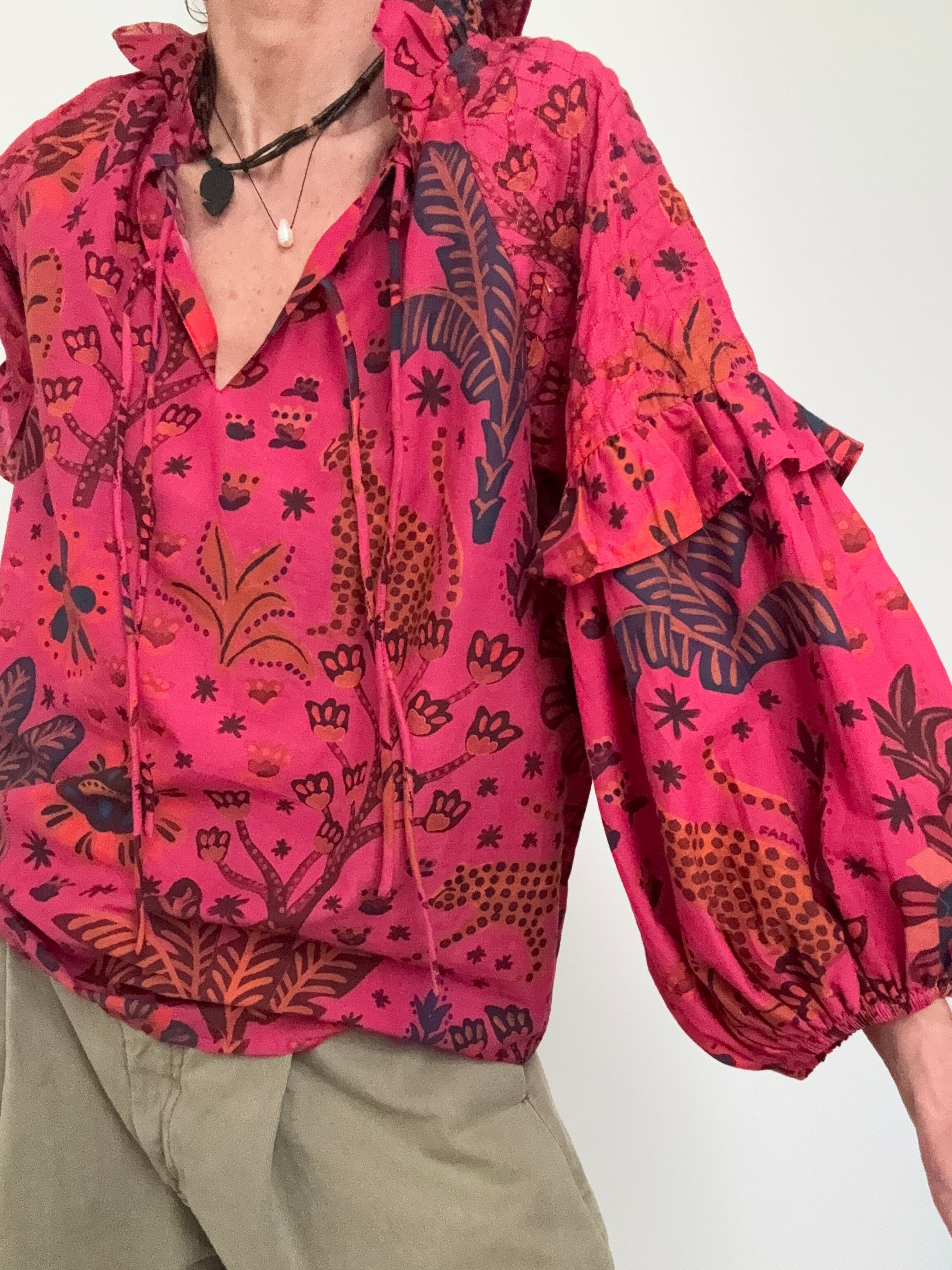 Farm Rio Tops Puff Sleeve Tropical Tie Blouse