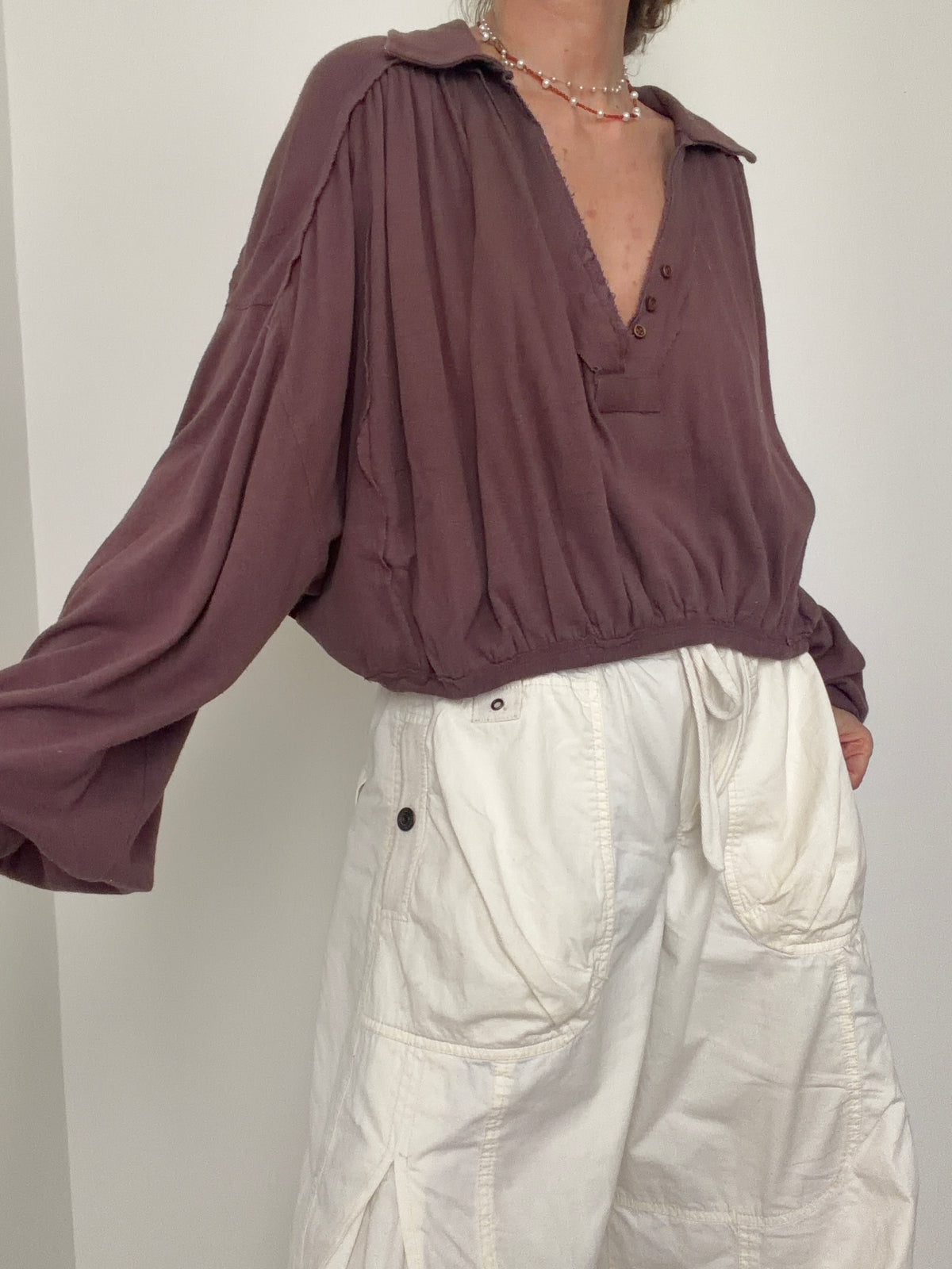 Free People Tops Cotton Linen Ballon Sleeve Blouse Chimney