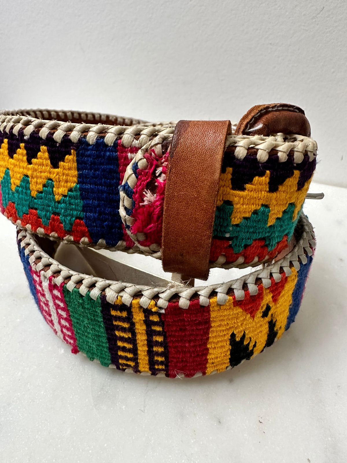 Vintage Woven Folk Belt, Tan Leather, 79cm