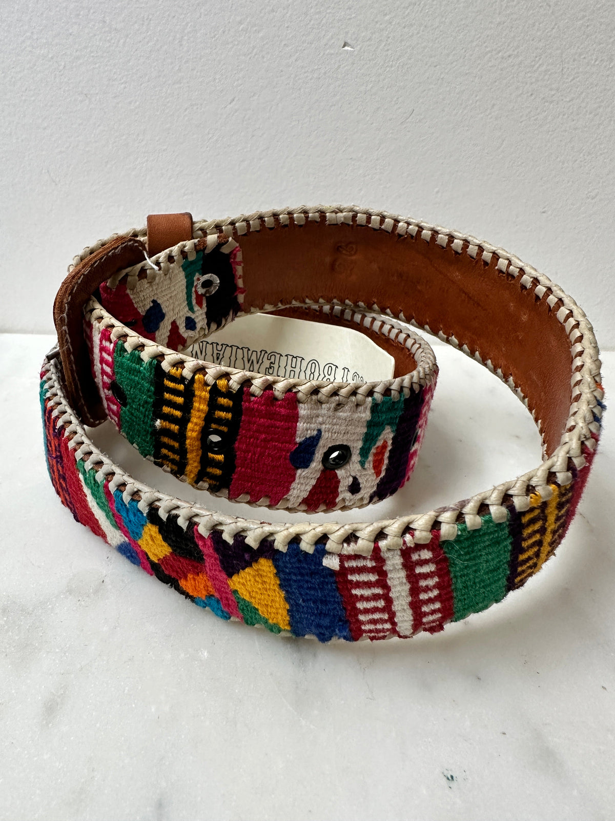 Vintage Woven Folk Belt, Tan Leather, 79cm