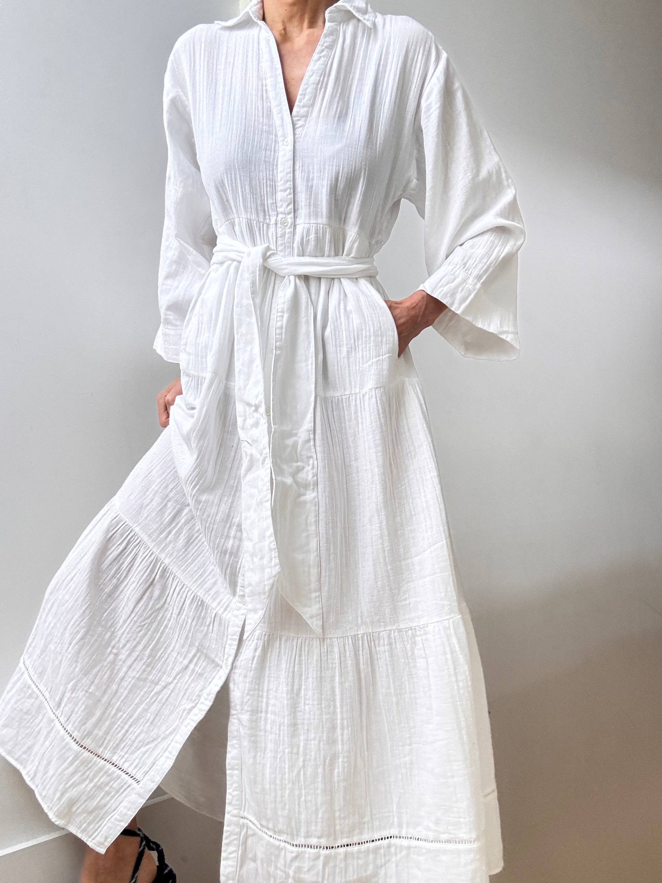 Future Nomads Dresses Cheesecloth Button Front Maxi Shirtdress