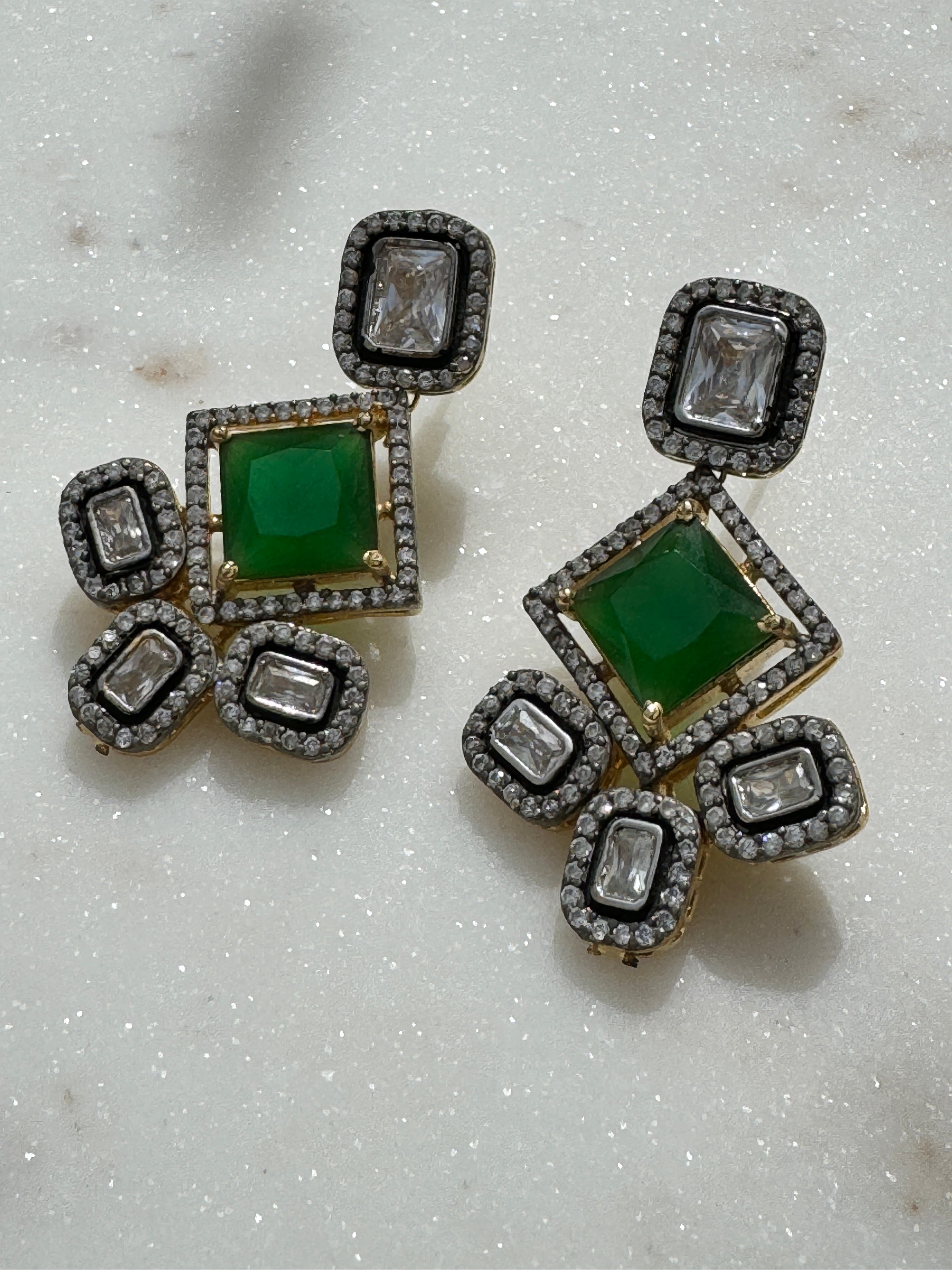 Future Nomads Earrings Green Onxy & White Crystal Earrings