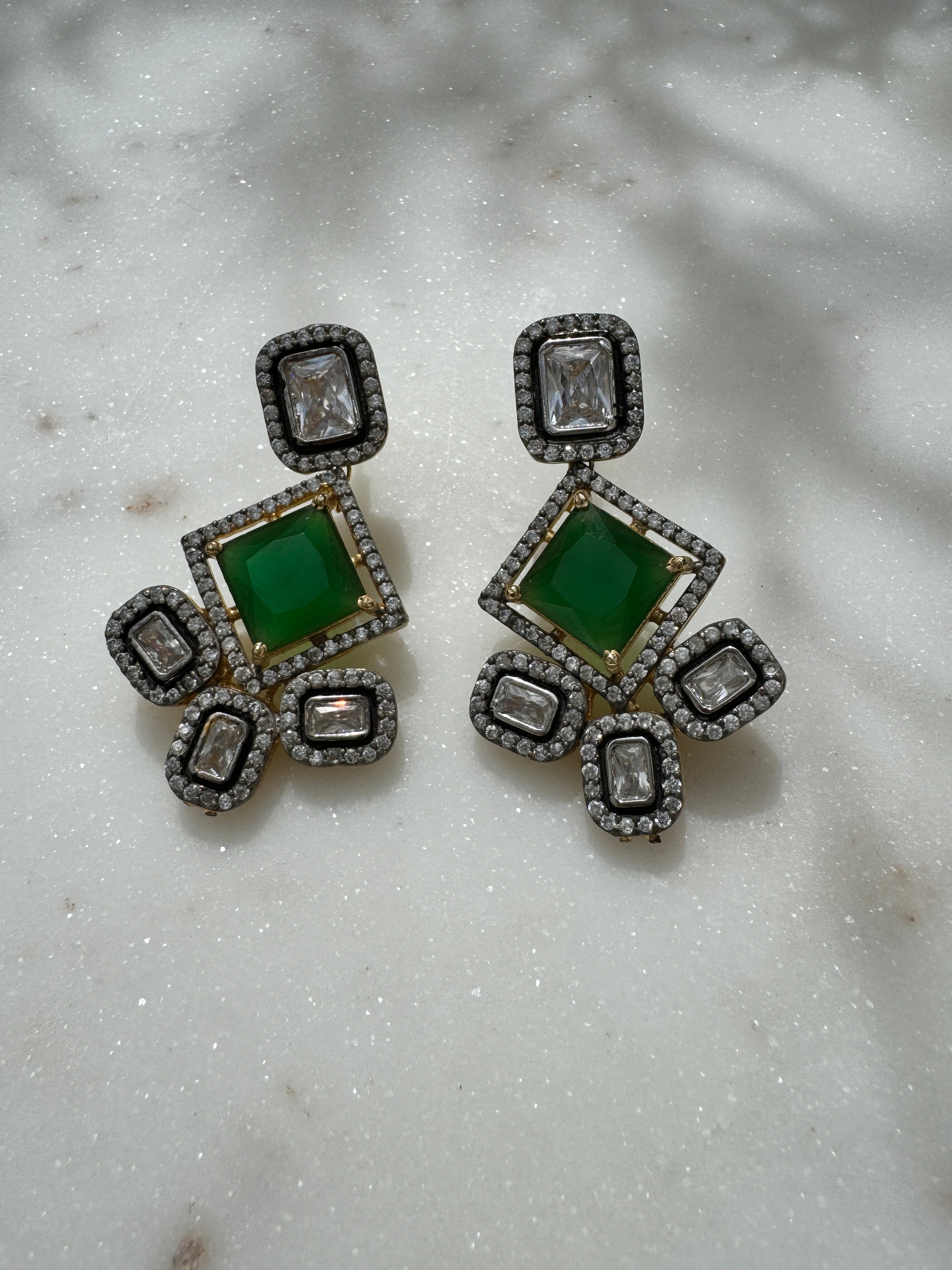 Future Nomads Earrings Green Onxy & White Crystal Earrings