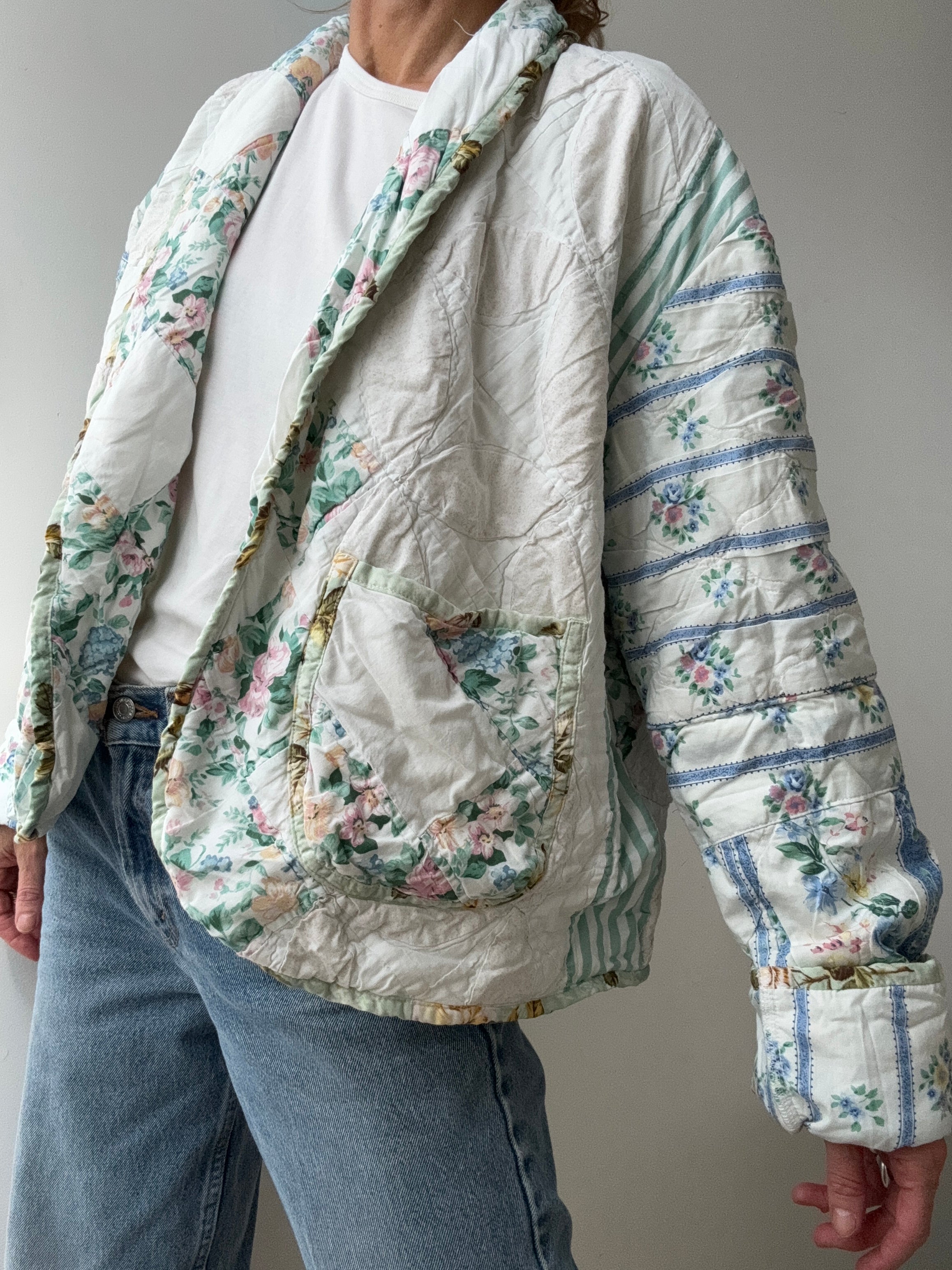 Future Nomads Jackets Free Size / Mint-Floral Upcycled Quilt Jacket Floral Mint