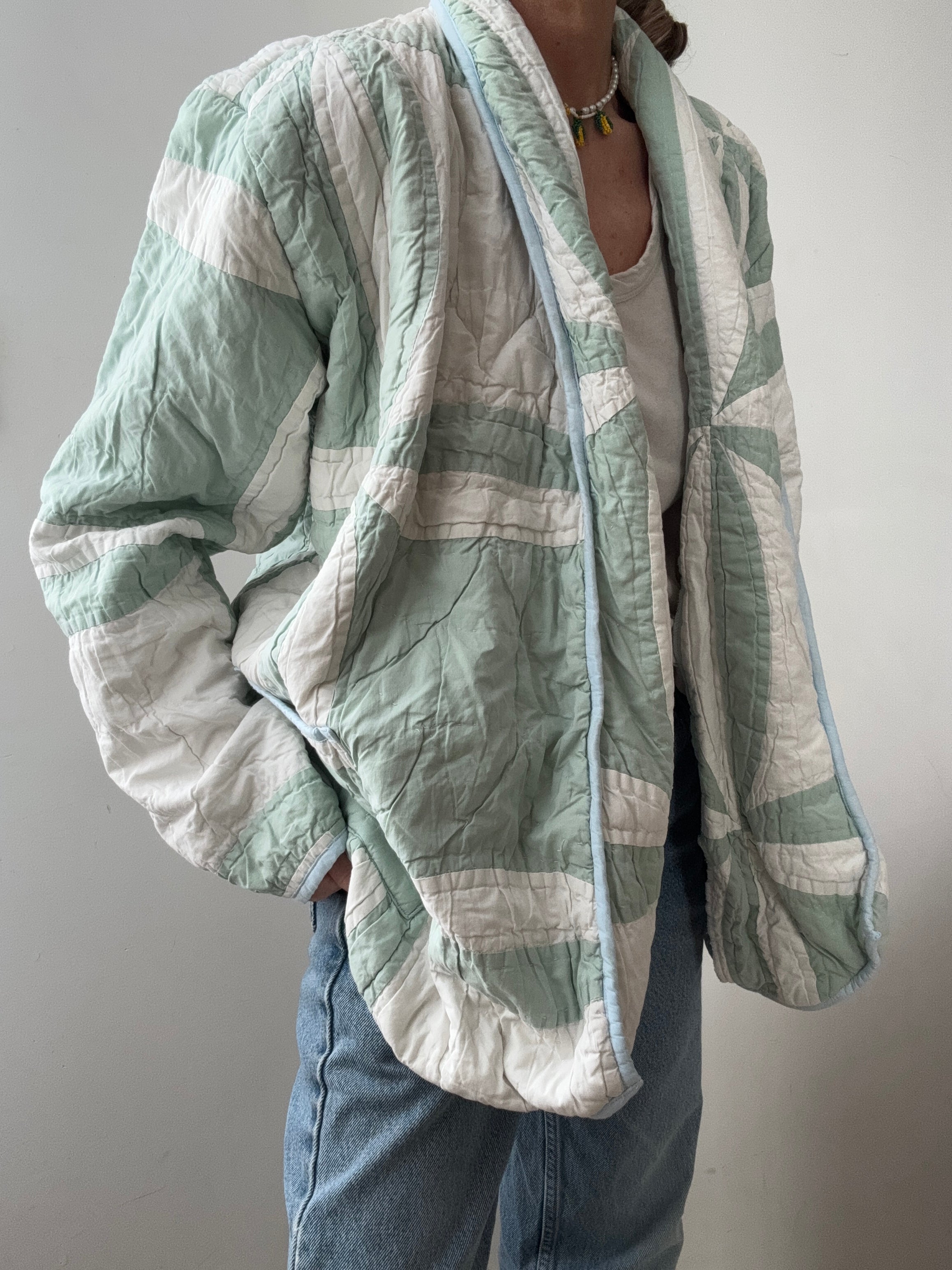 Future Nomads Jackets Free Size / Mint Upcycled Quilt Jacket Mint Blue Border