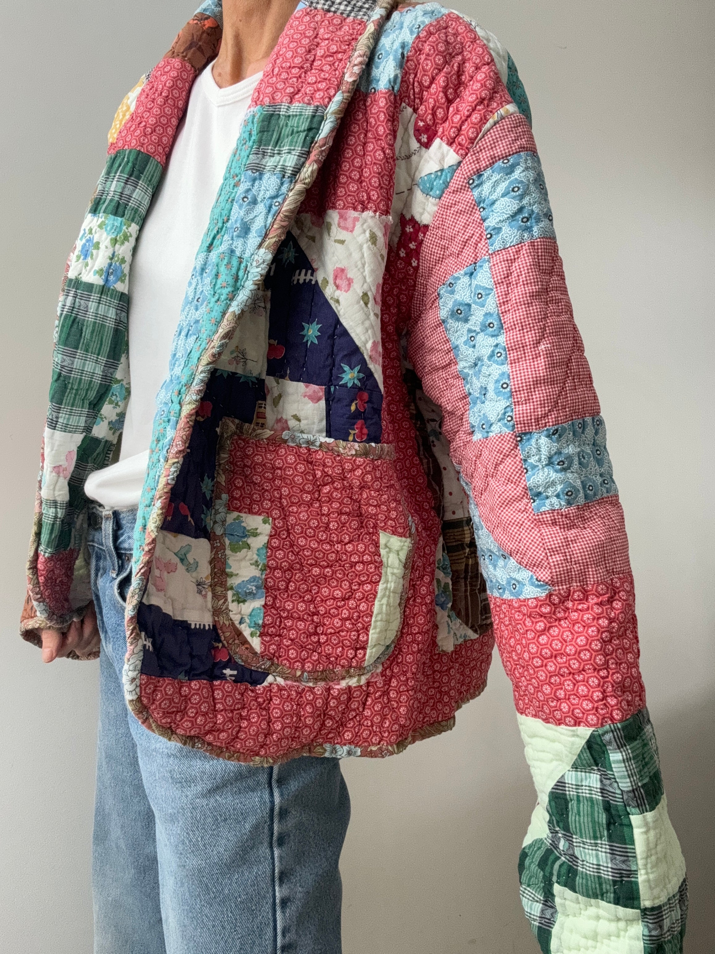 Future Nomads Jackets Free Size / Red-Green Upcycled Quilt  Jacket Red