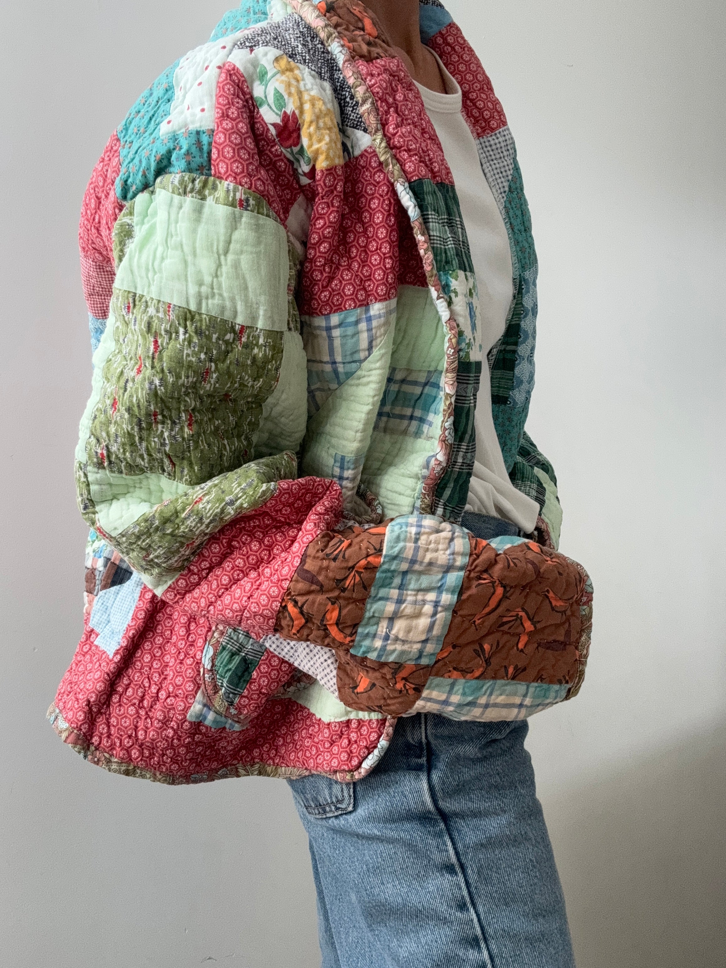 Future Nomads Jackets Free Size / Red-Green Upcycled Quilt  Jacket Red