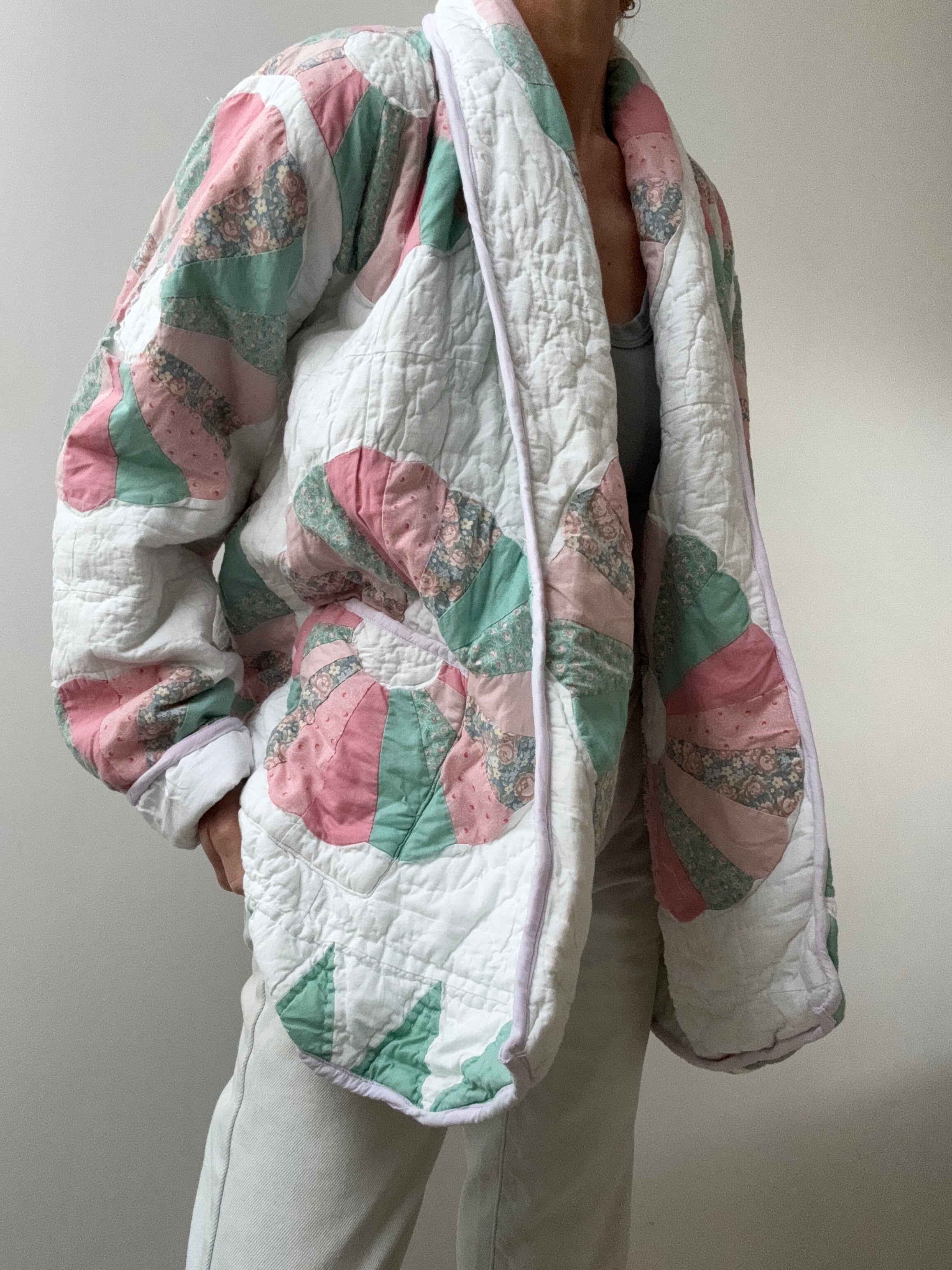 Future Nomads Jackets Free Size Upcycled Quilt Jacket Pink & Green Flower