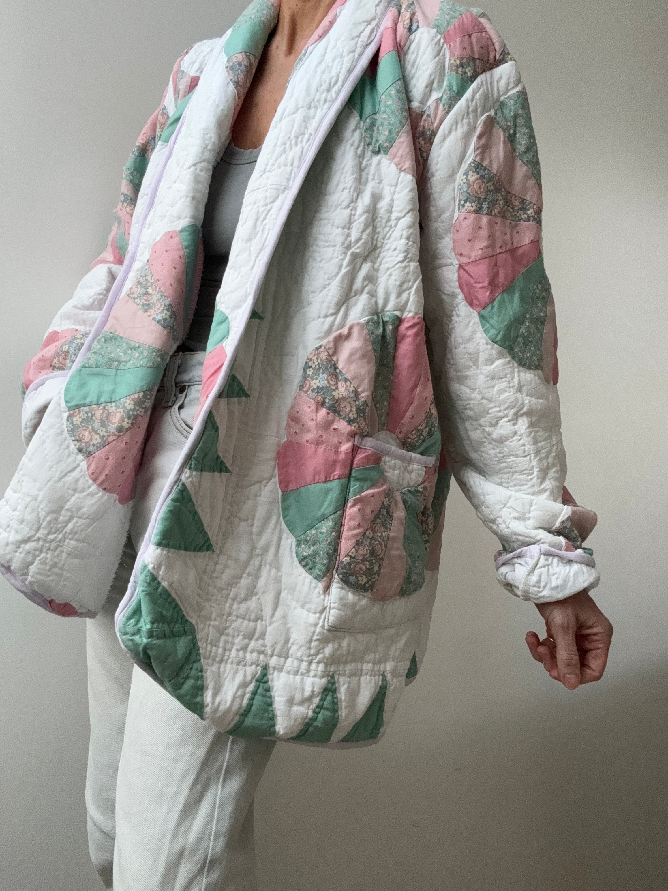 Future Nomads Jackets Free Size Upcycled Quilt Jacket Pink & Green Flower