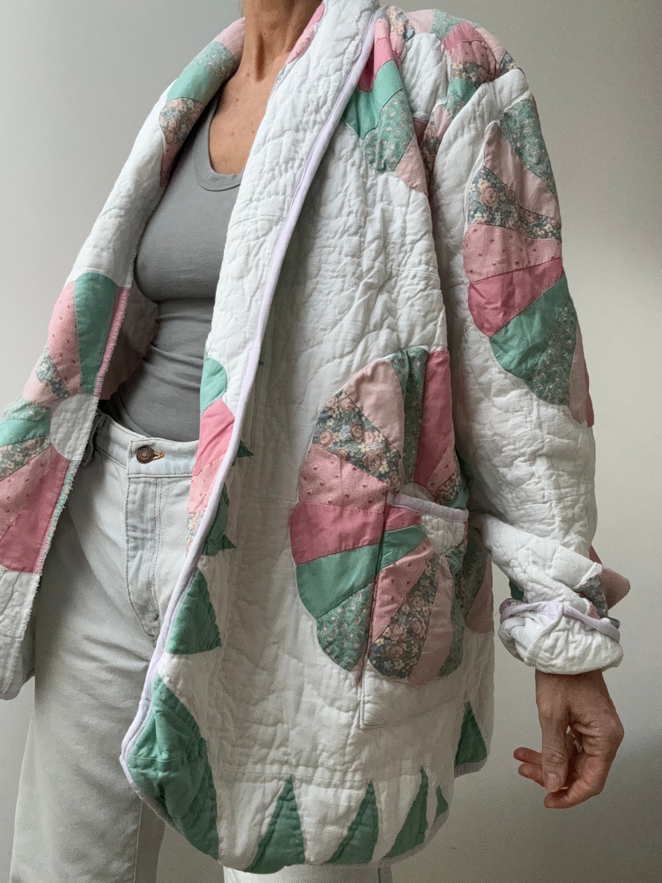 Future Nomads Jackets Free Size Upcycled Quilt Jacket Pink & Green Flower