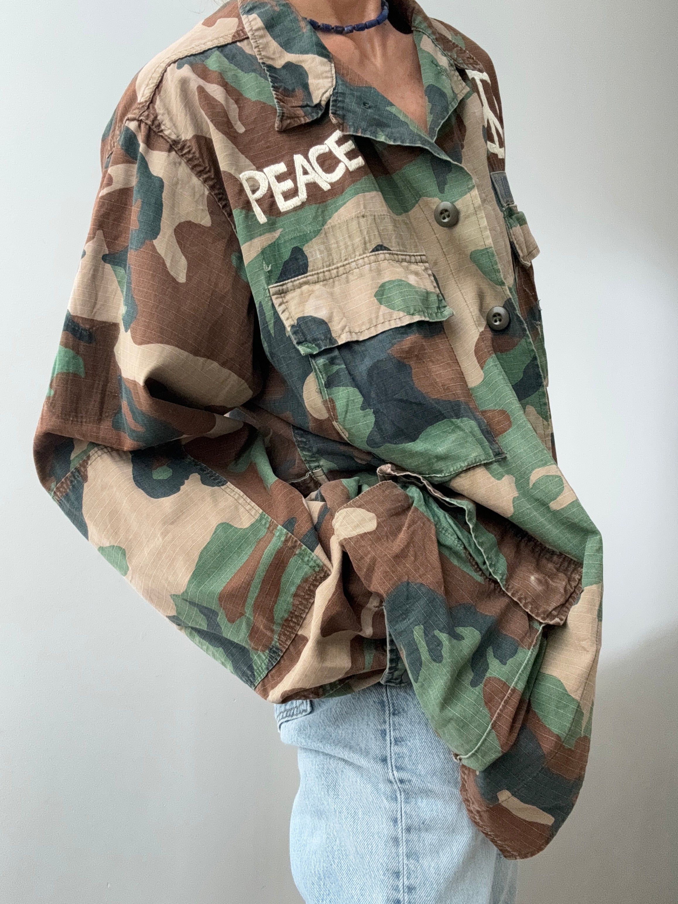Future Nomads Jackets Large Love Peace Camoflauge Army Jacket AW241