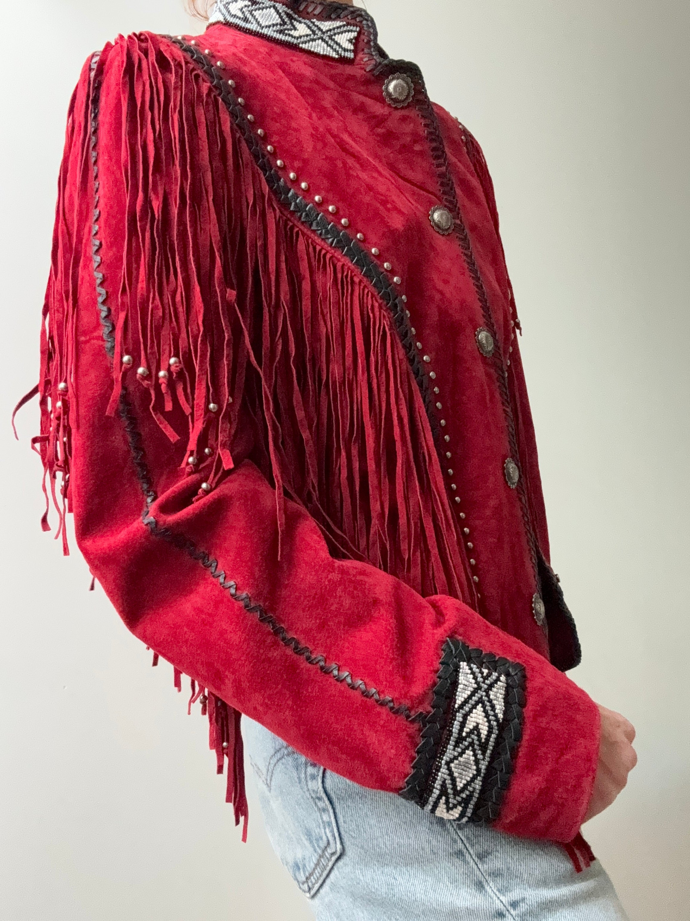 Future Nomads Jackets Large Vintage Beaded Tassel Suede Jacket Claret