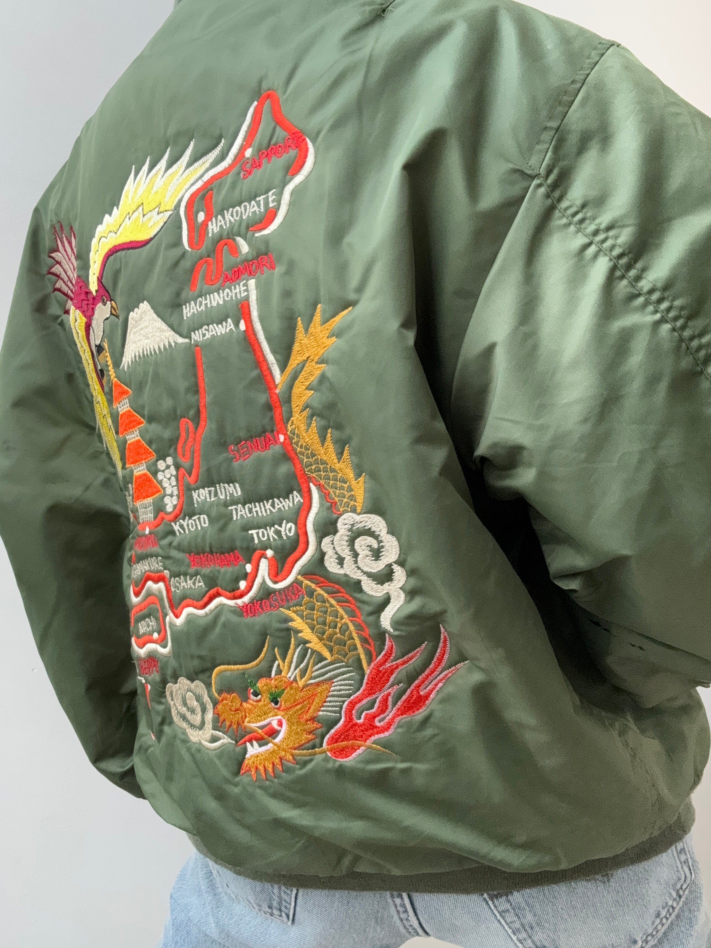 Future Nomads Jackets Large-XLarge Vintage Bomber Green Japan Dragon