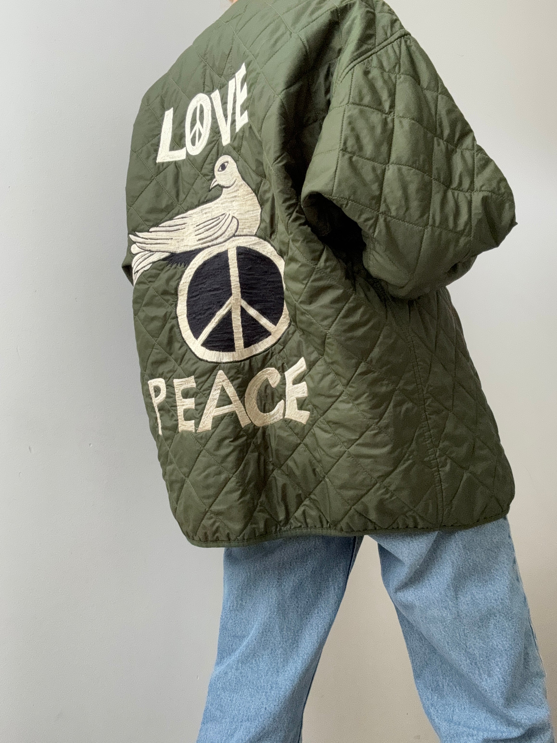 Future Nomads Jackets Medium-Large Love Peace Quilted Embroidered Jacket Green